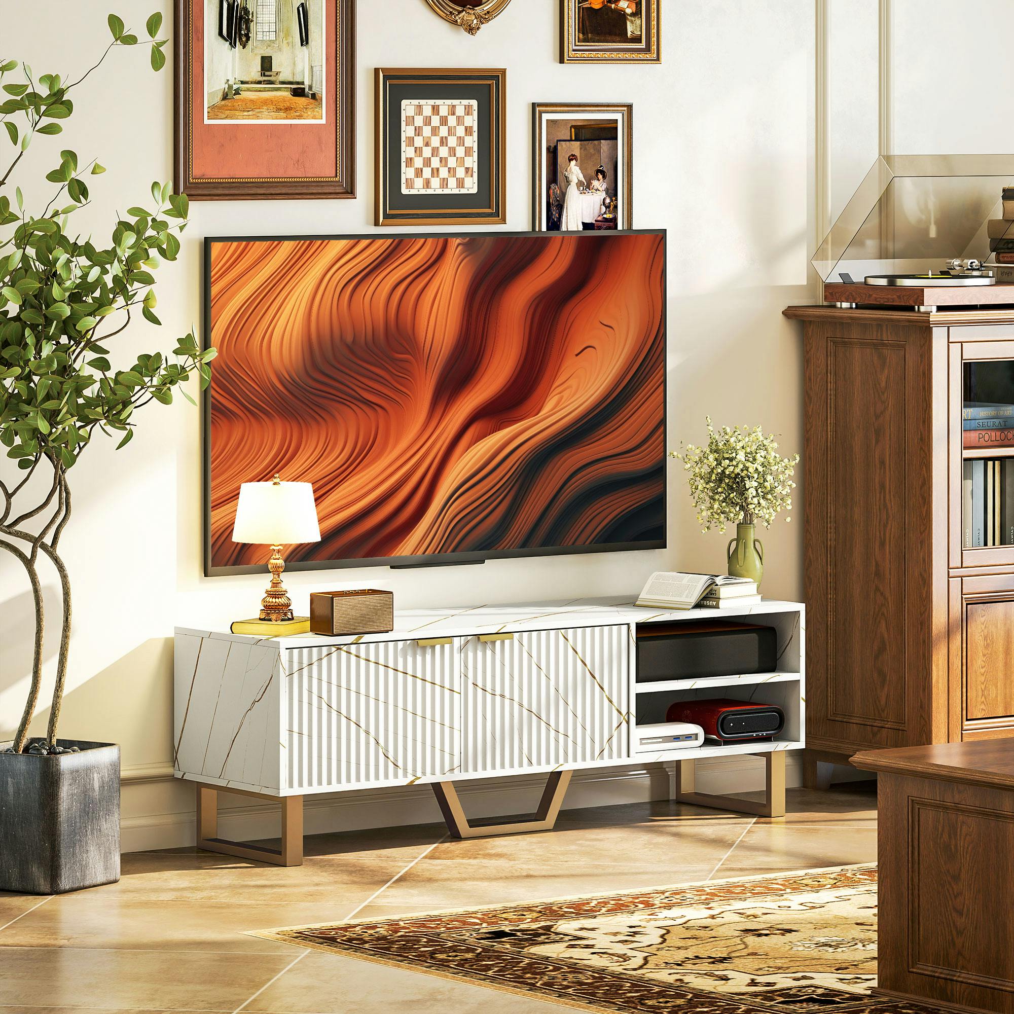 HOMCOM TV Unit, TV Stand Cabinet with Shelves & Storage Cupboard in White - Image 3