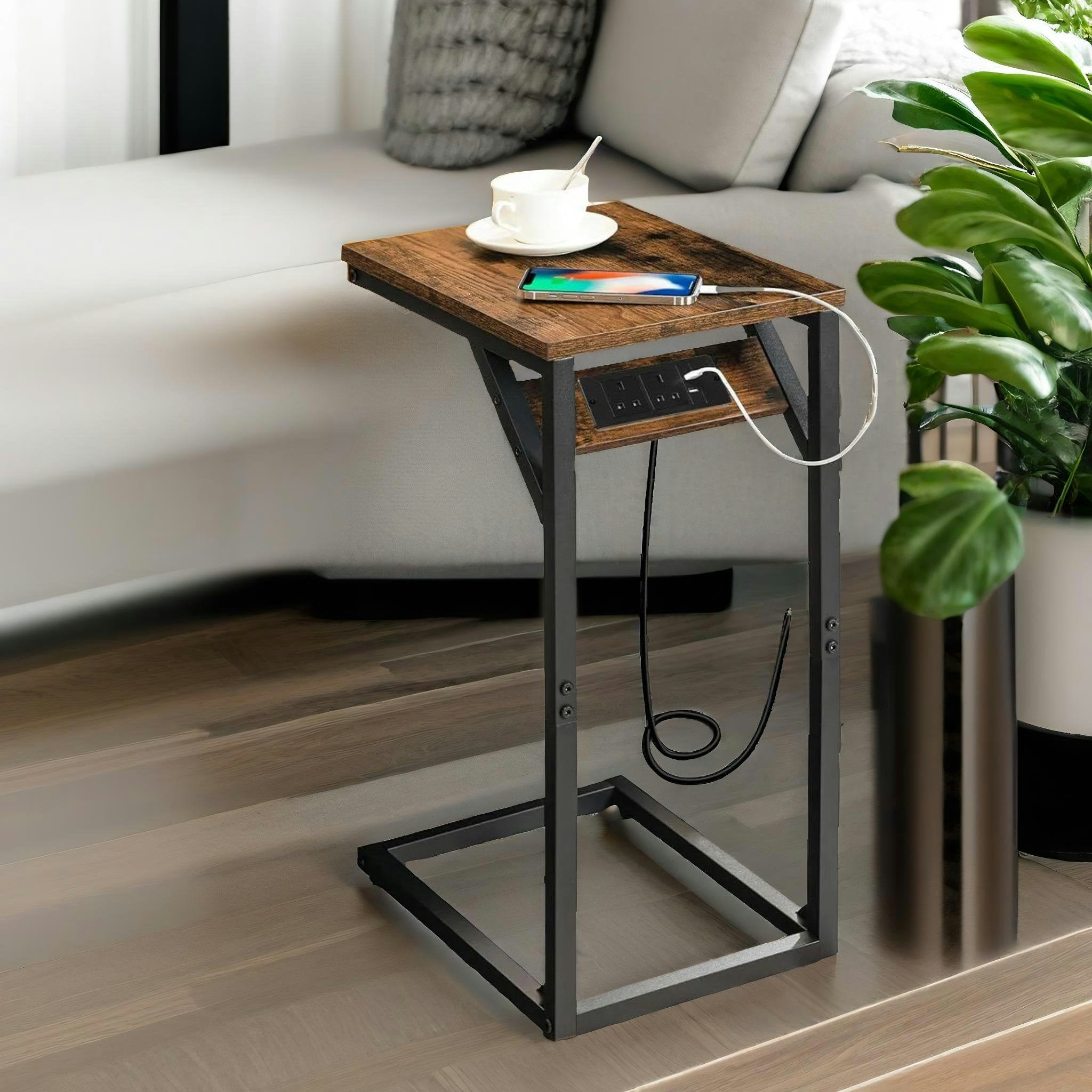 Rackhams Black C Shaped Table With Usb Ports & Power Outlets