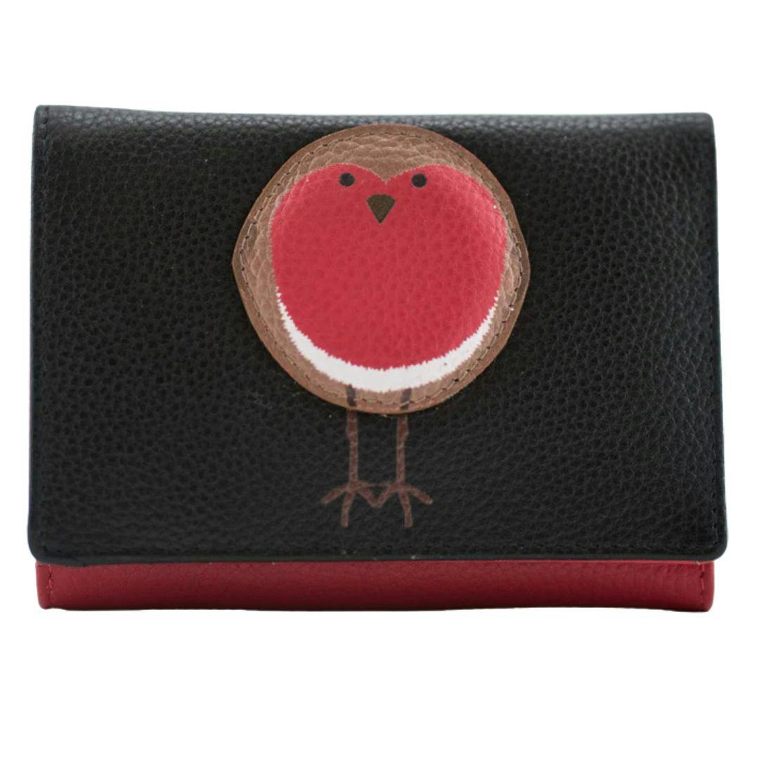 Mala Leather Black Bobbie Robin Bird Compact Leather Tri-Fold Purse