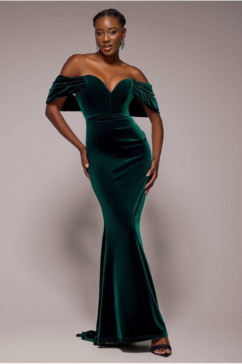Goddiva Green Off The Shoulder Deep Plunge Velvet Maxi Dress - Emerald By - Emerald - 16