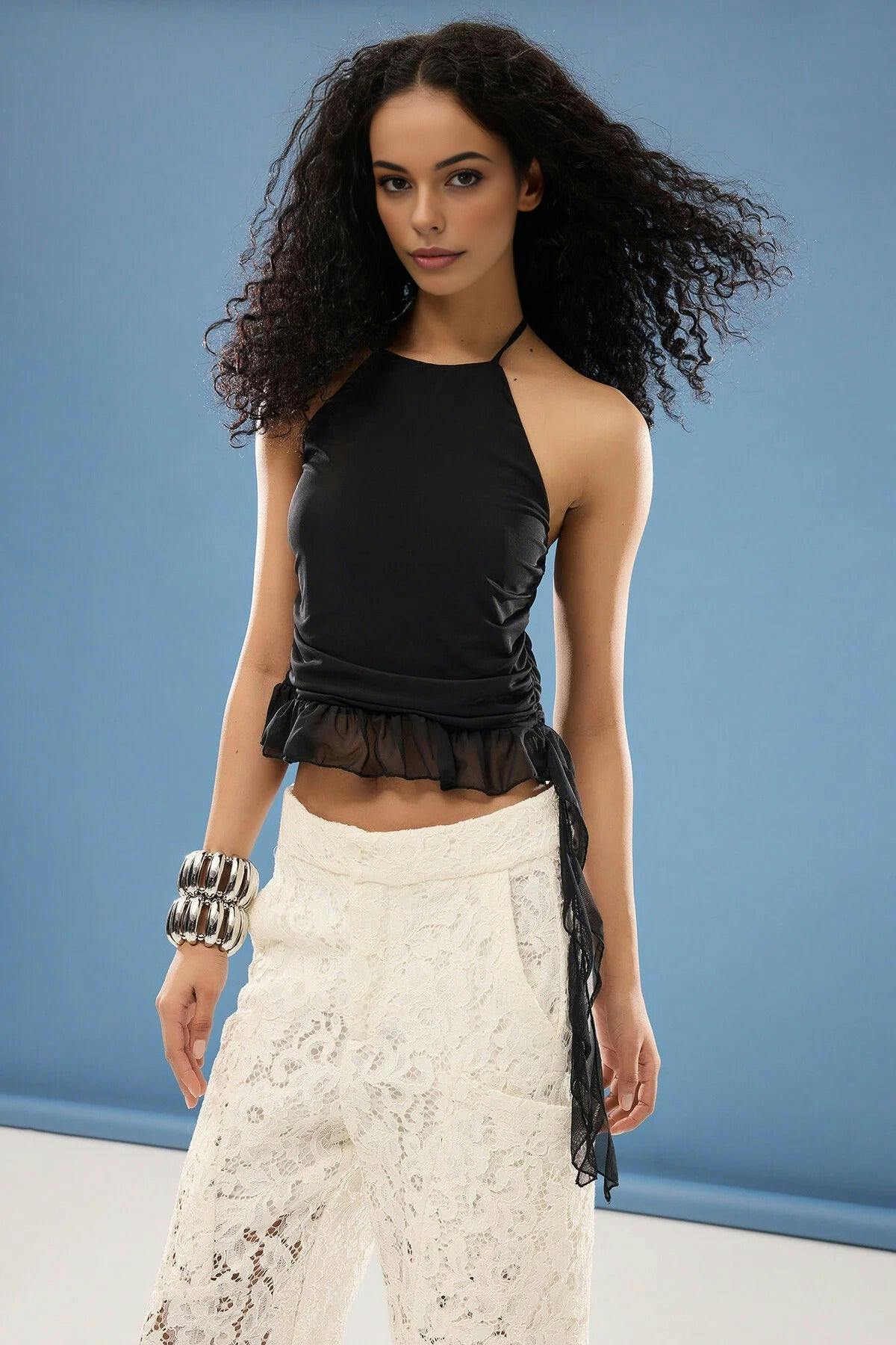Wovcor Black Halter Neck Sleeveless Ruffle Detail Tulle Mesh Blouse - 8