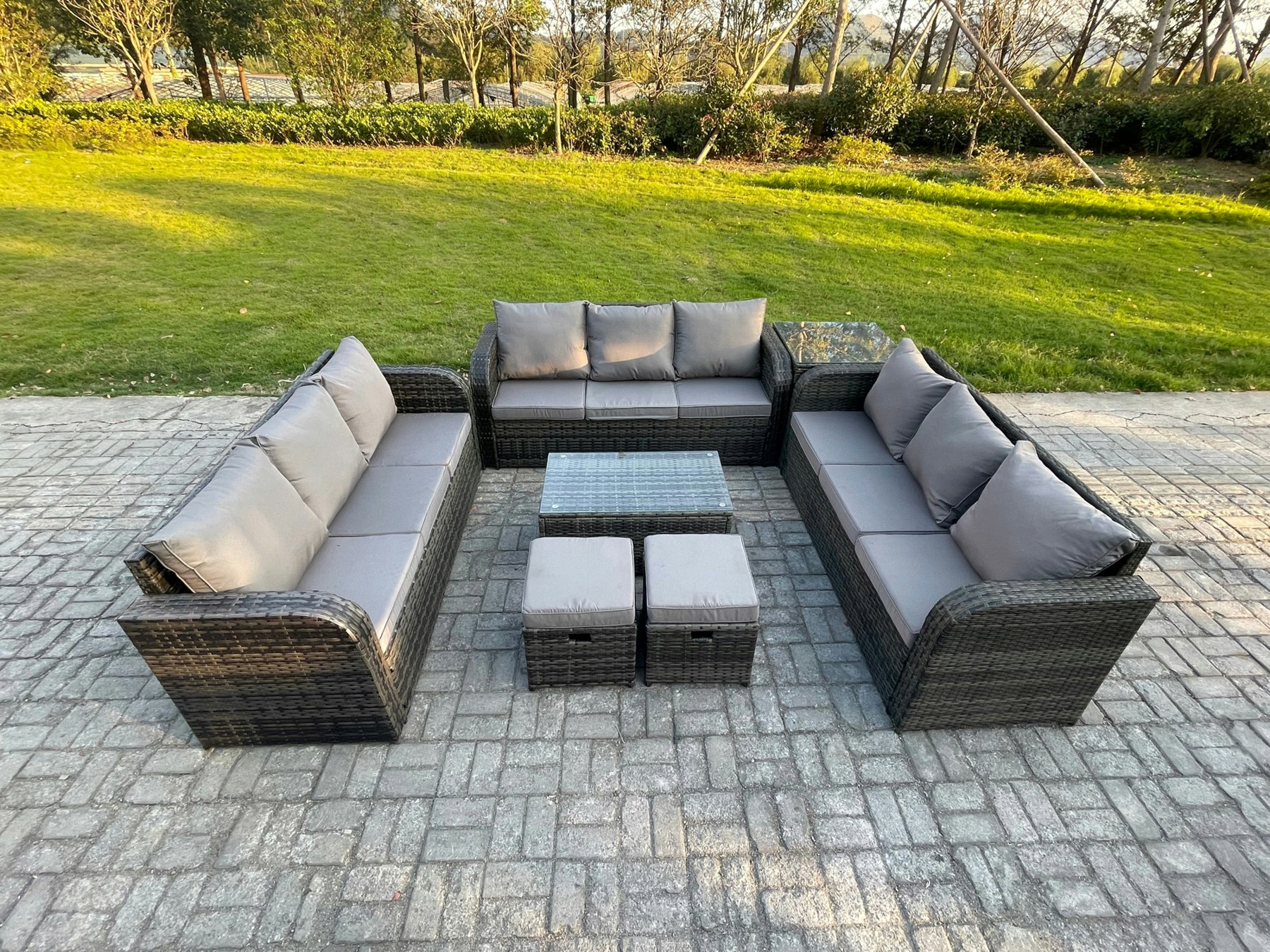 Rackhams Dark/Grey 11-Seater Rattan Outdoor Lounge Set | Rectangular Coffee Table, 3-Seater Sofa, Side Table, 2 Footstools