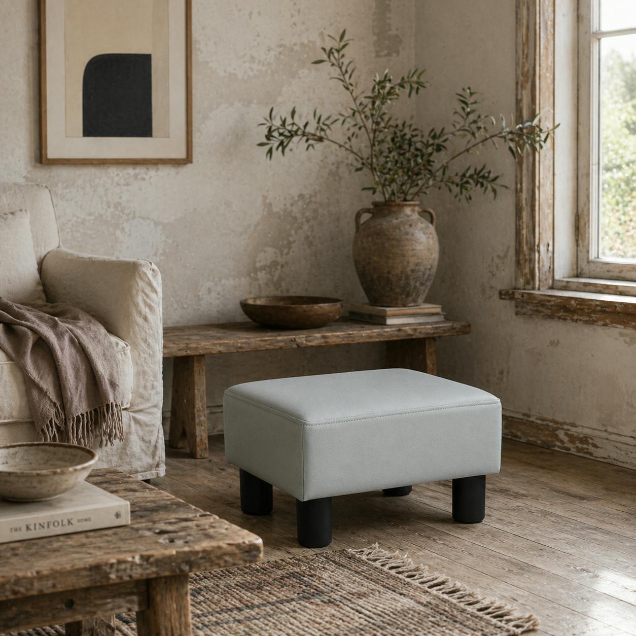 Wyld Haus Grey/Black Relata Faux Leather Cube Footstool With Legs