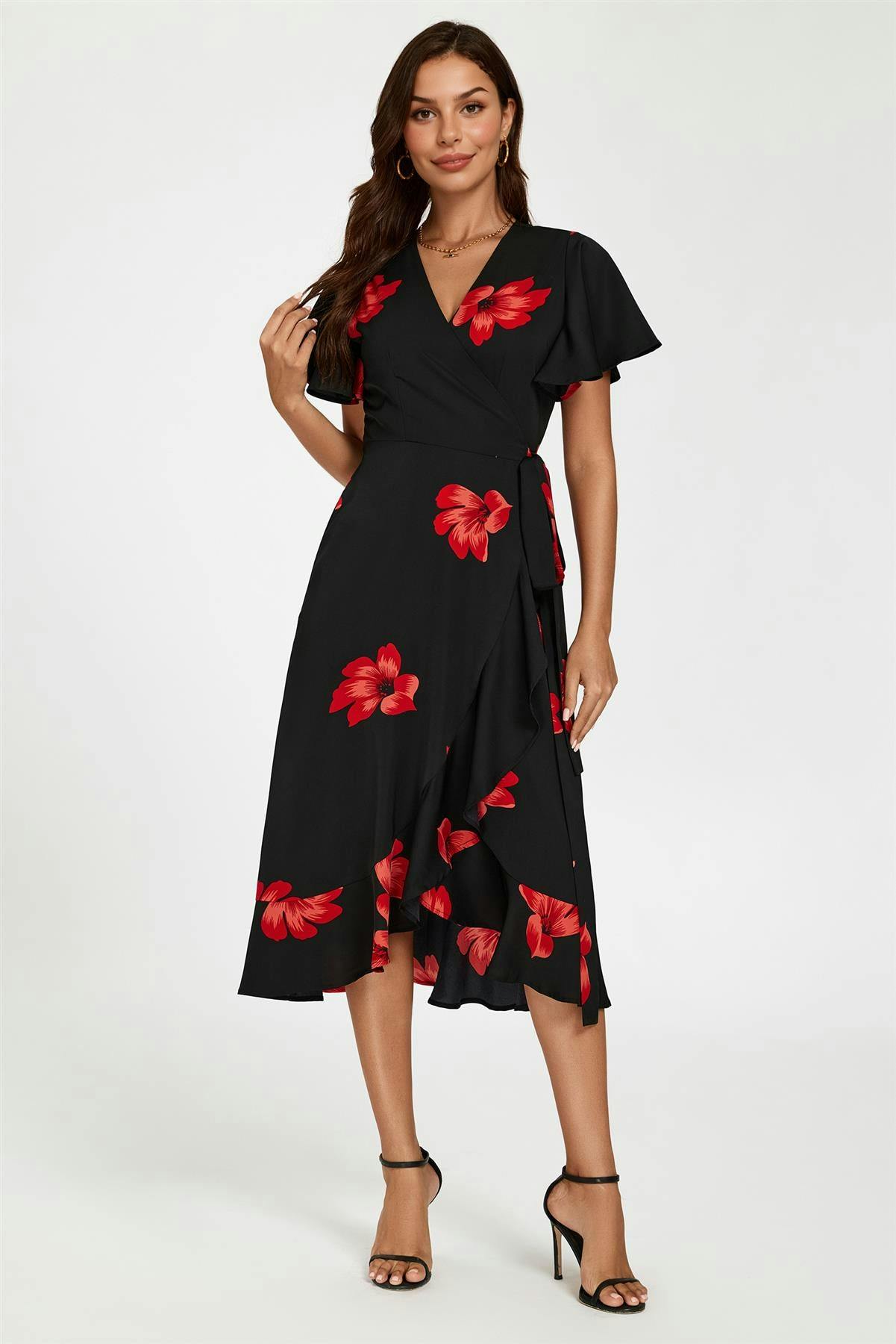 Fs Collection Women's Black Floral Print Angel Sleeve Wrap Dress In - Xs