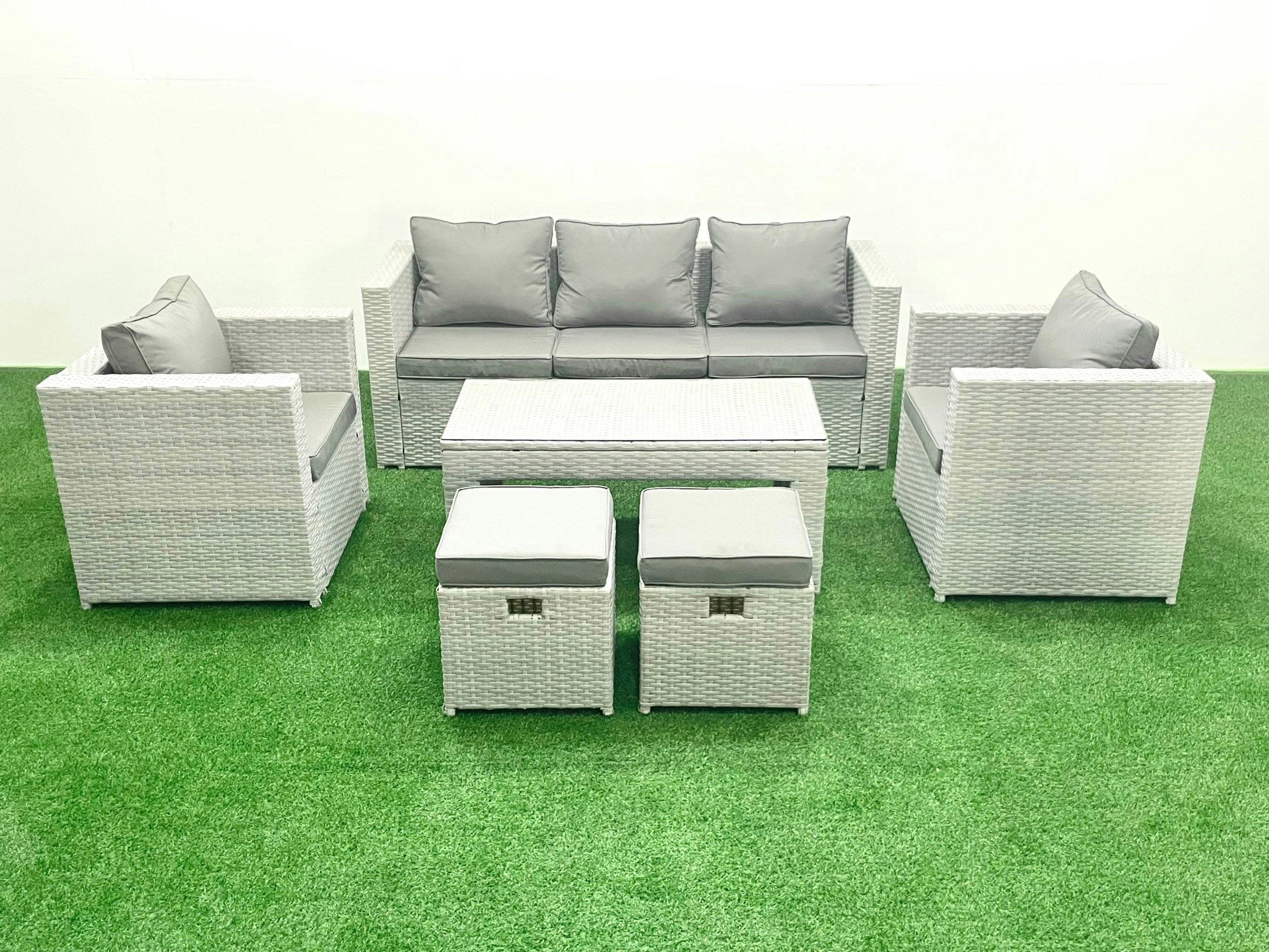Rackhams Light/Grey Rattan Garden Furniture Set 7 Seater Outdoor Garden Sofa Oblong Coffee Table Set With 2 Chairs 2 Stools Mixed