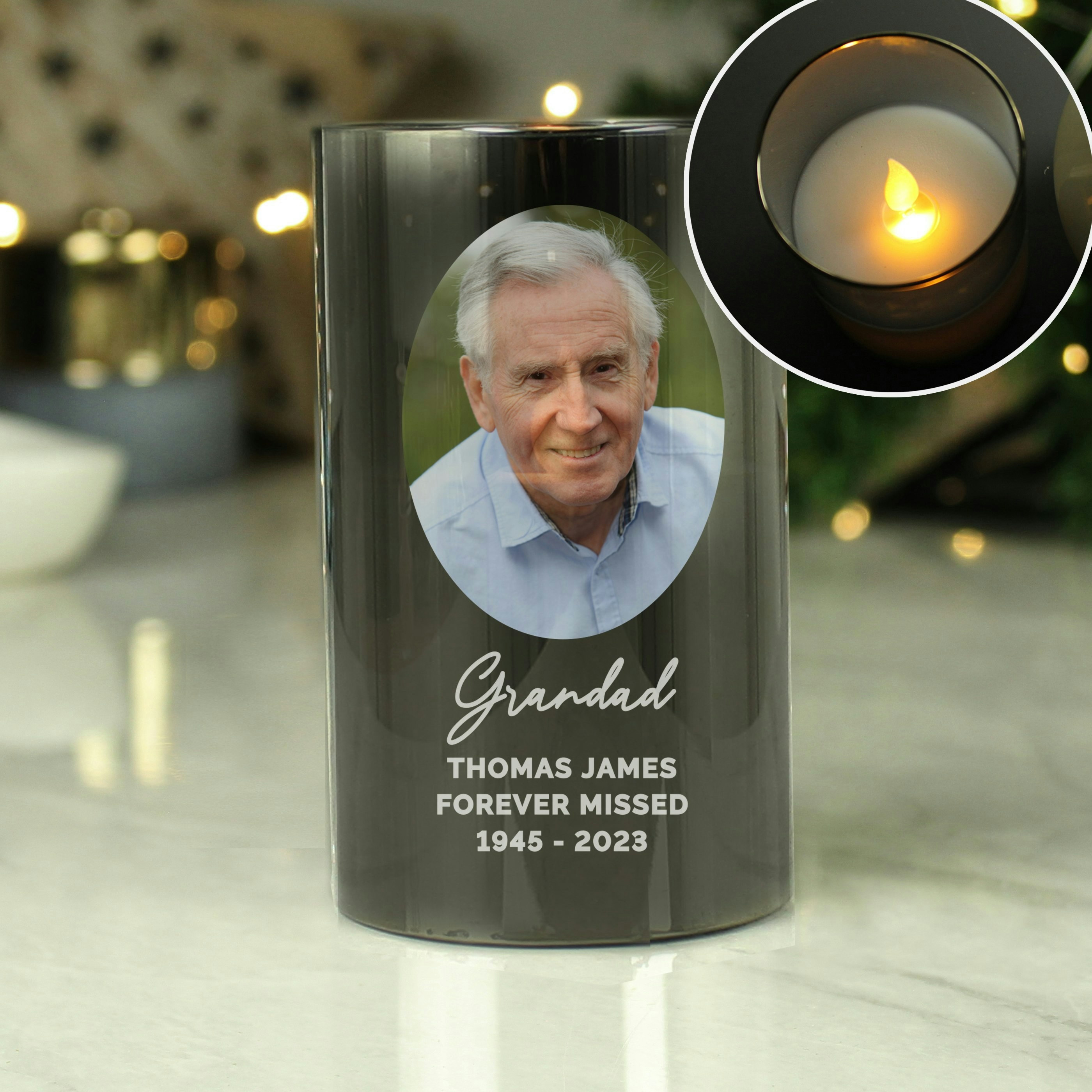 Personalised Memento Company Amber Personalised Photo Upload Smoked Glass Led Candle