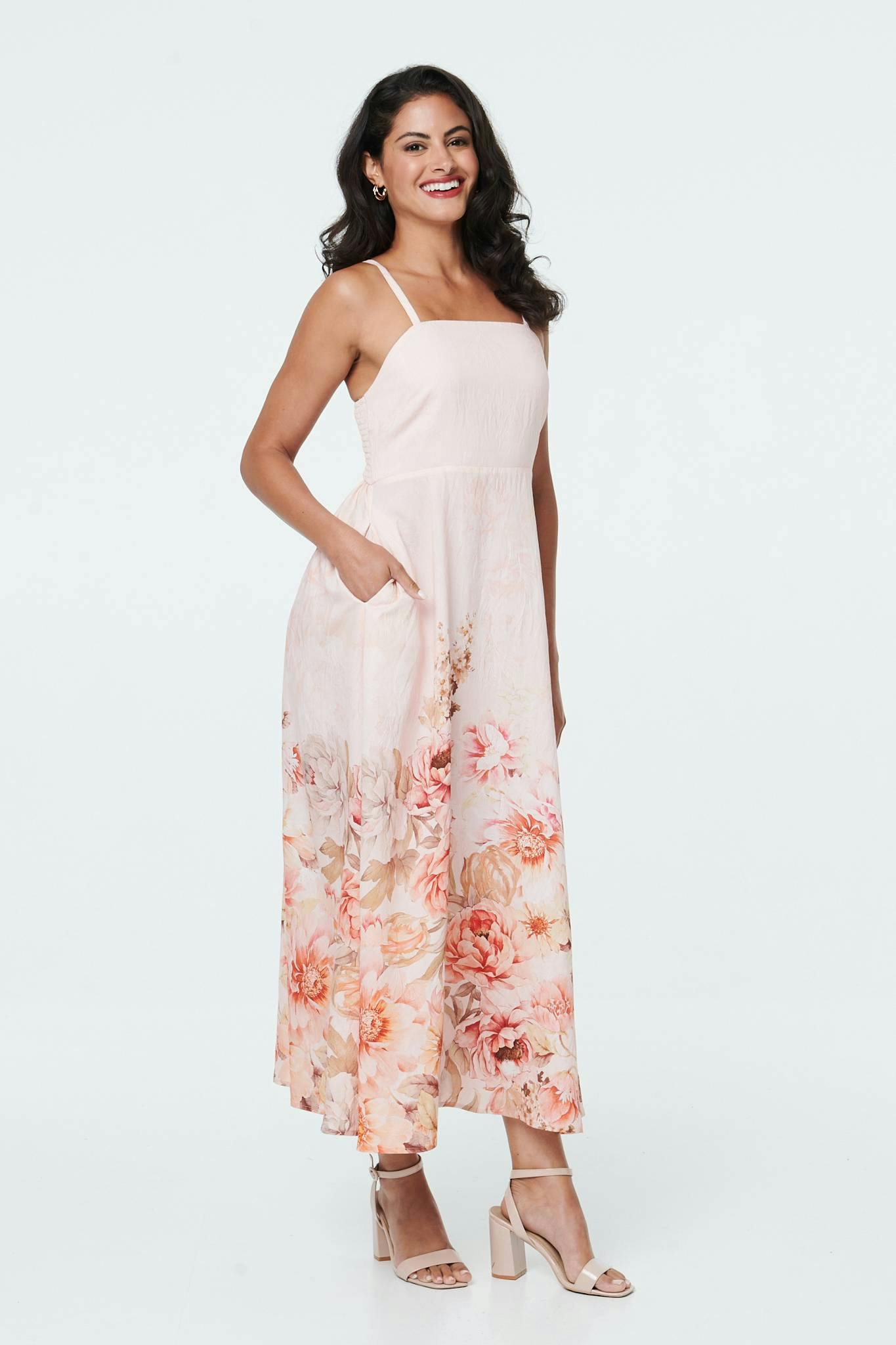 Izabel London Pink Floral Border Print Cami Midi Dress - 18