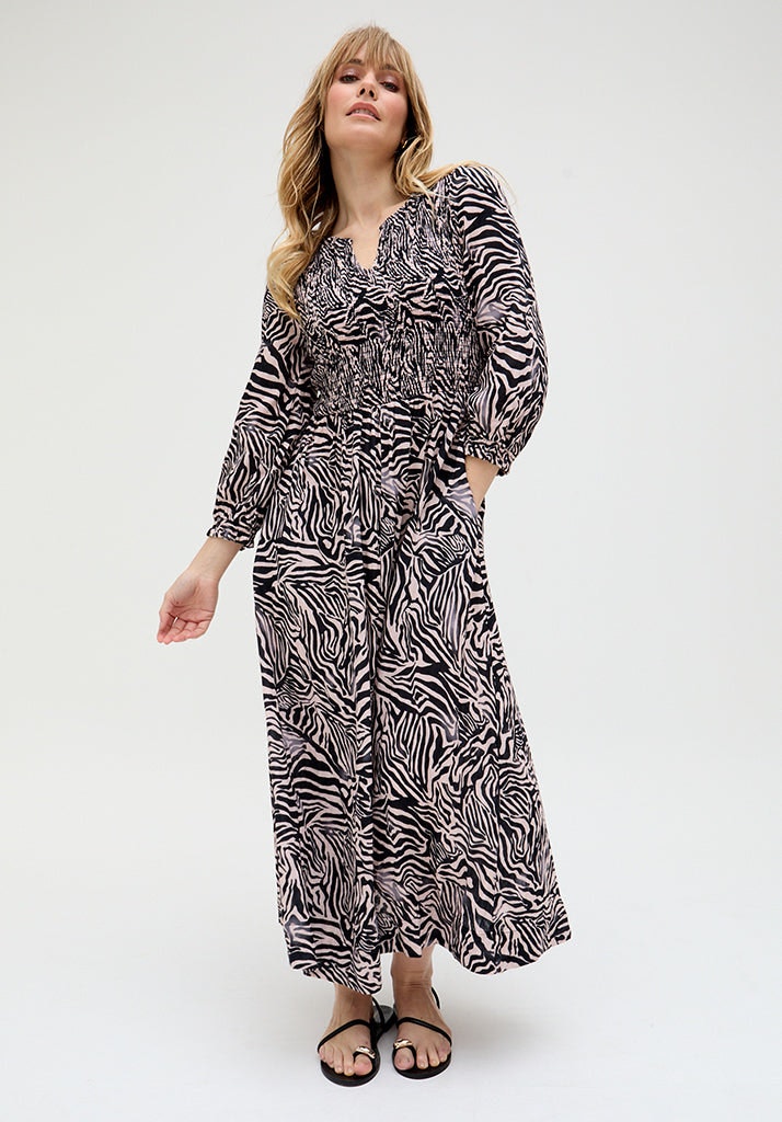 Raffya Black Paulina Shirred Bodice Zebra Print Maxi Dress In - 10