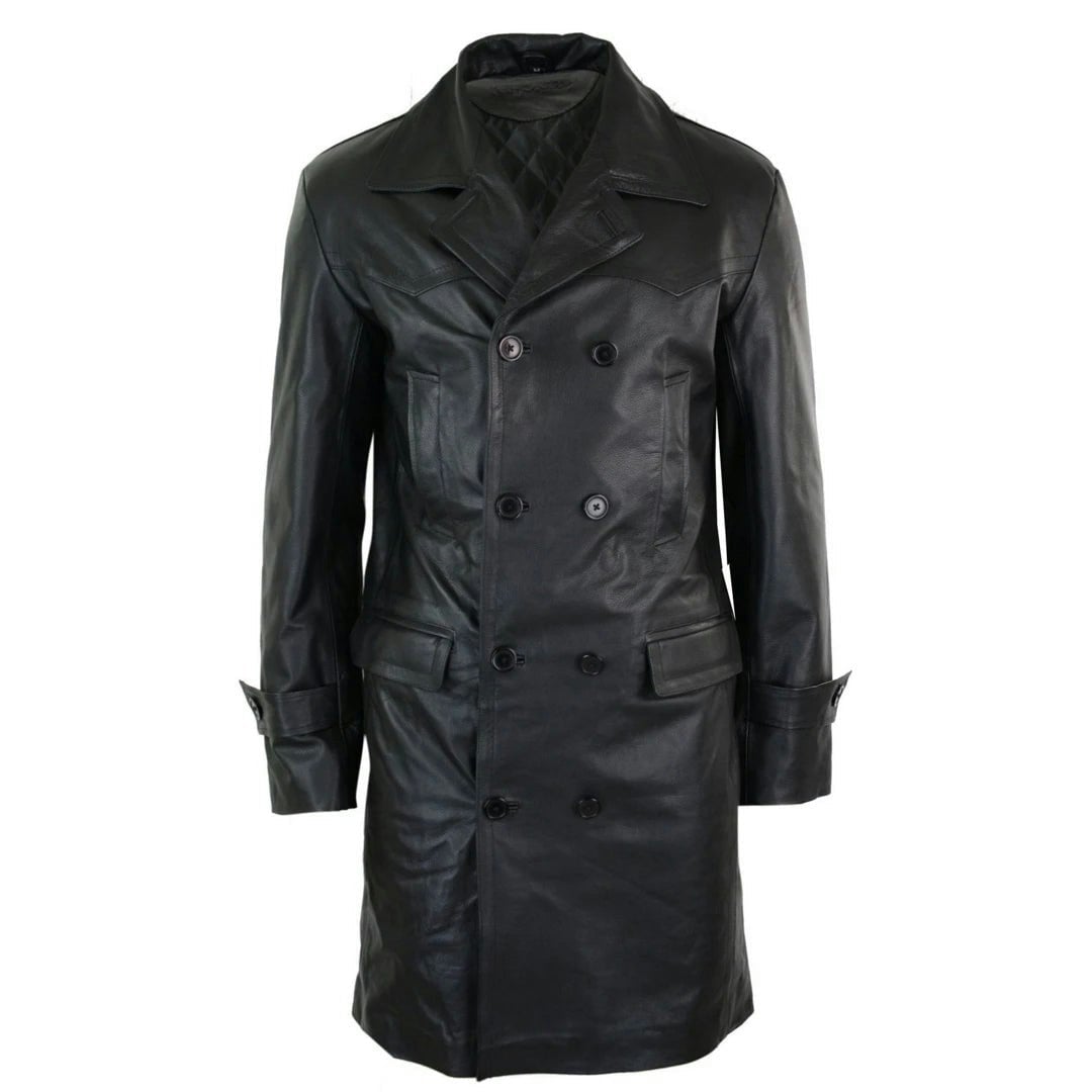 Infinity Leather Men's Dark Leather Company Long 3/4 Goth Punk Rock Double Breasted Leather Dr Who Jacket Uboat - 5XL