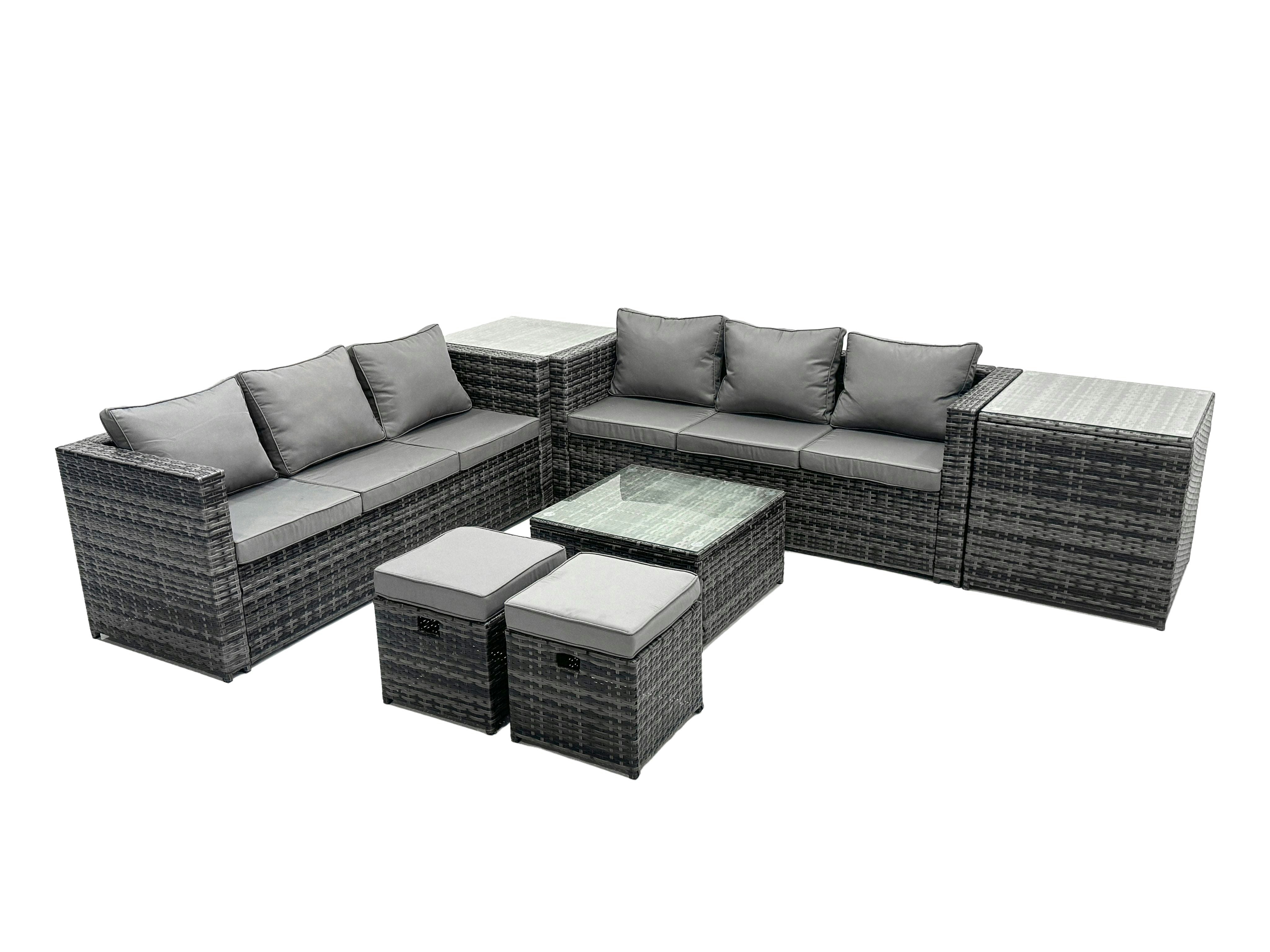 Rackhams Dark/Grey Outdoor Rattan Garden Furniture Set 8 Seater Patio Lounge Sofa Set With Square Coffee Table 2 Side Table 2 Small Footstools Mixed