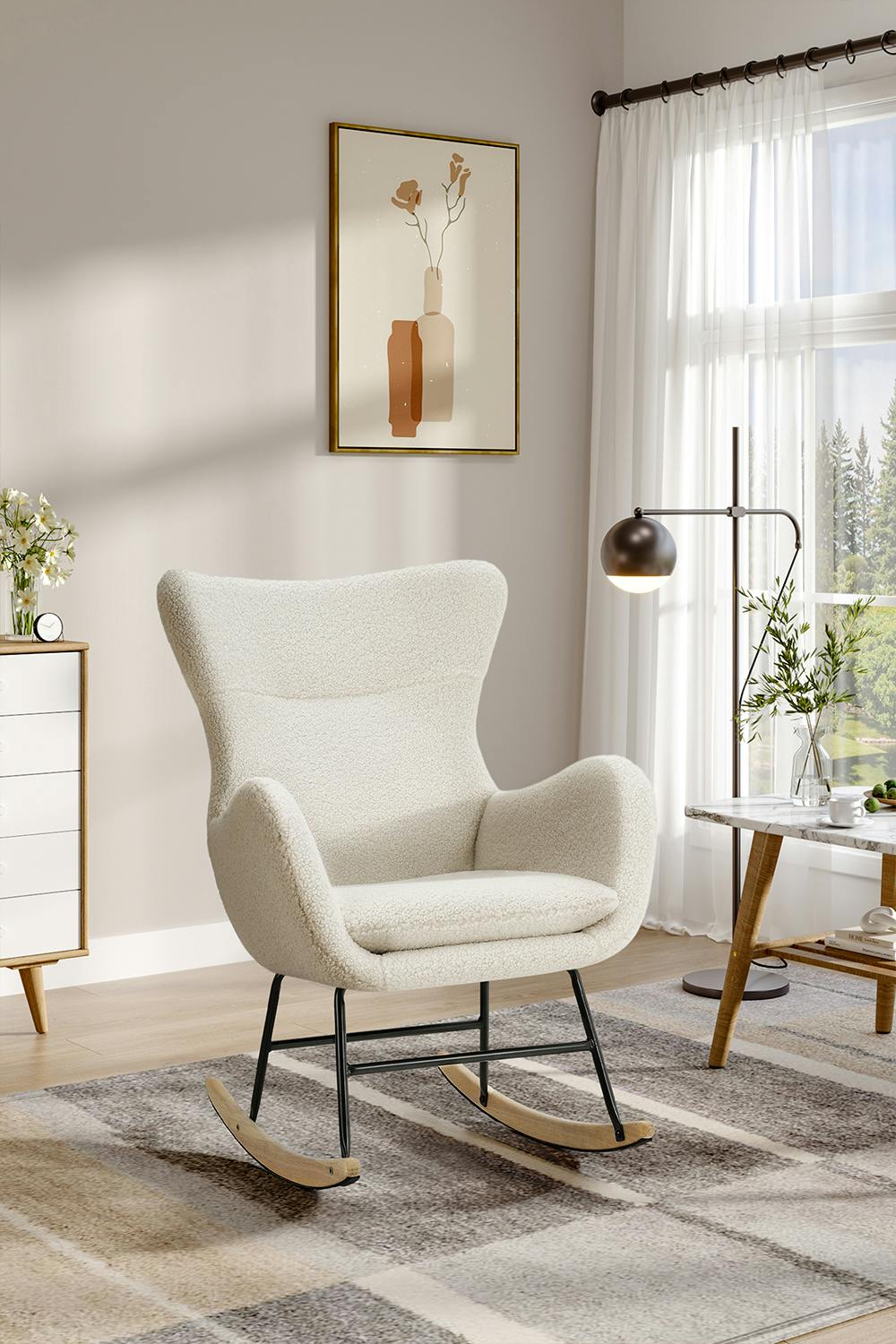 Rackhams White Comfy Netural Bouclé Upholstered Rocking Accent Chair With High Backrest And Armrests - One Size