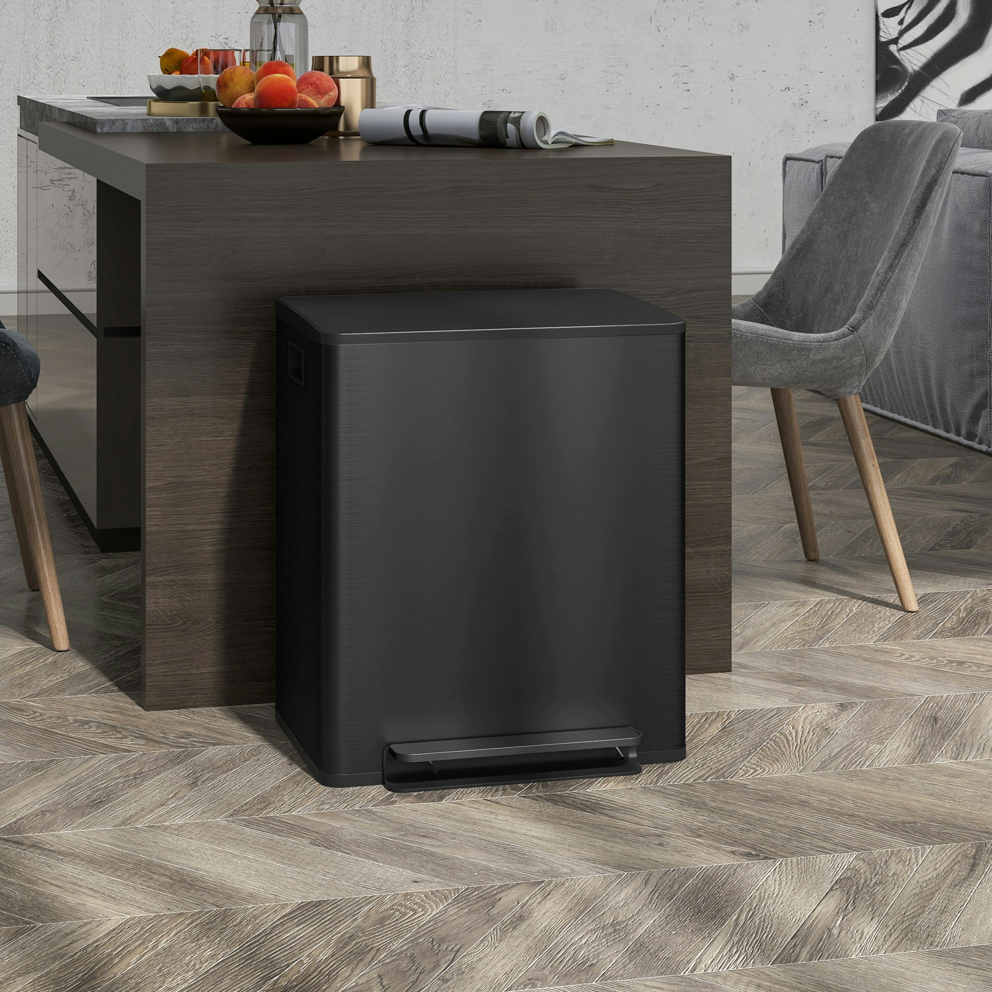 Homcom Black 2 X 25L Double Kitchen Bin, Pedal Bin With Soft-Close Lid,