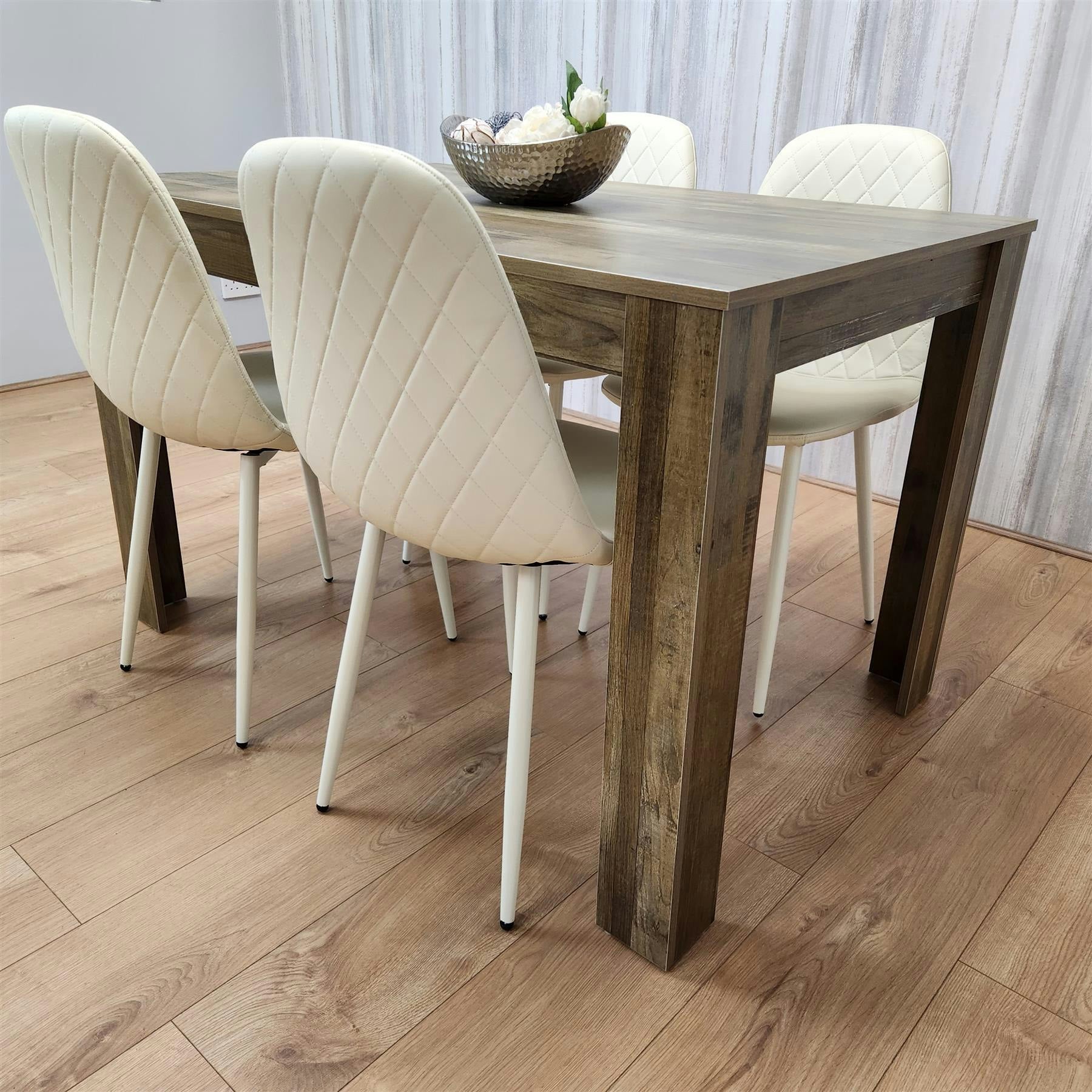 Kosy Koala Brown Rustic Effect Wooden Dining Table & 4 Cream Gem Pattern Chairs - Dining Furniture Set In - Image 5
