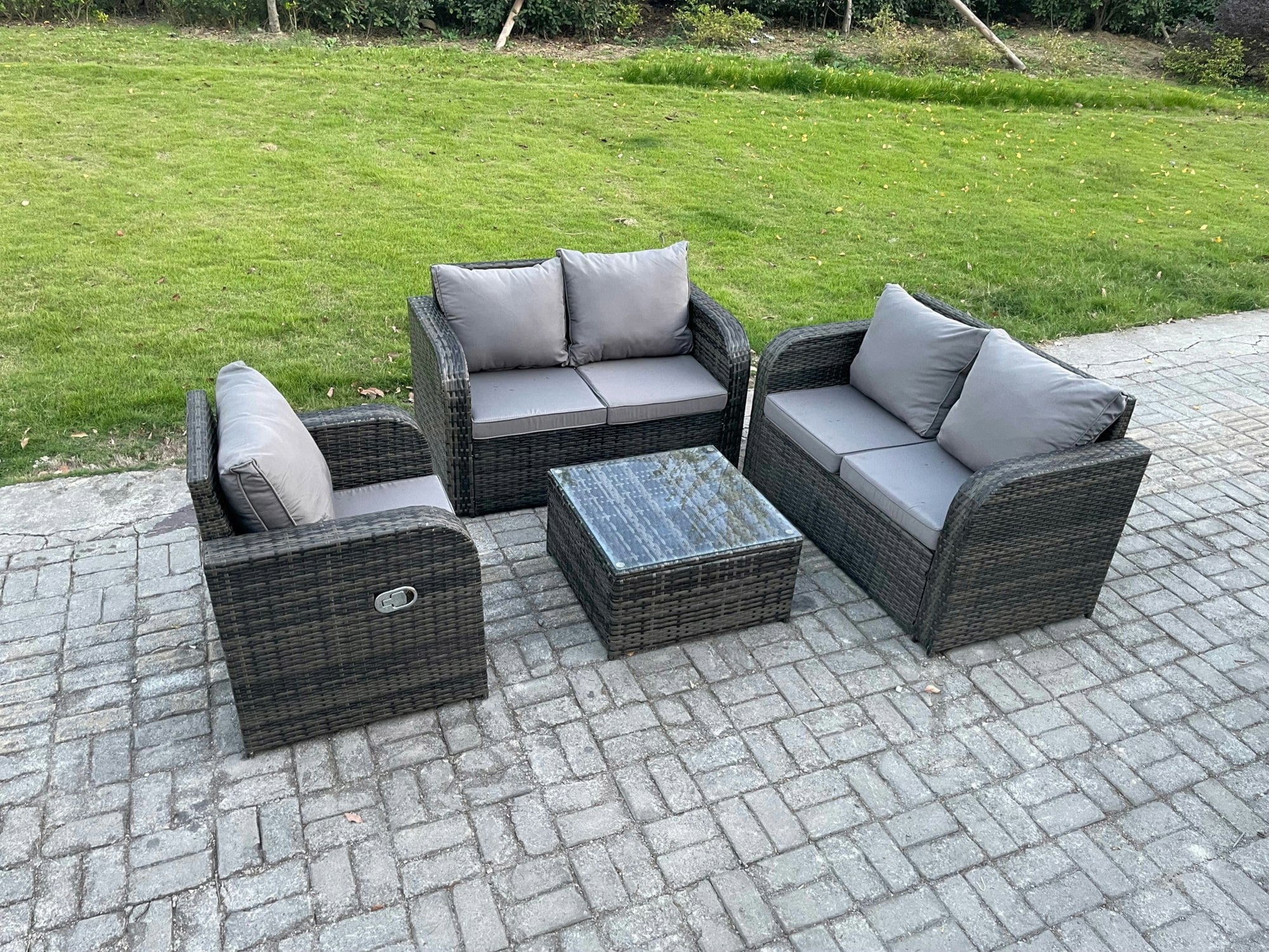 Rackhams Dark/Grey 4 Piece Garden Furniture Sets 5 Seater Outdoor Patio Furniture Set Weaving Wicker Rattan Sofa Chair And Table With Cushion
