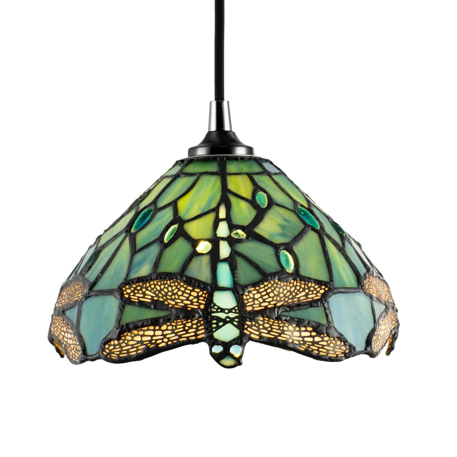 Rackhams Green/Blue/Sky Blue Dragonfly Themed Emerald Stained Glass Tiffany Pendant Lighting Shade With Beads