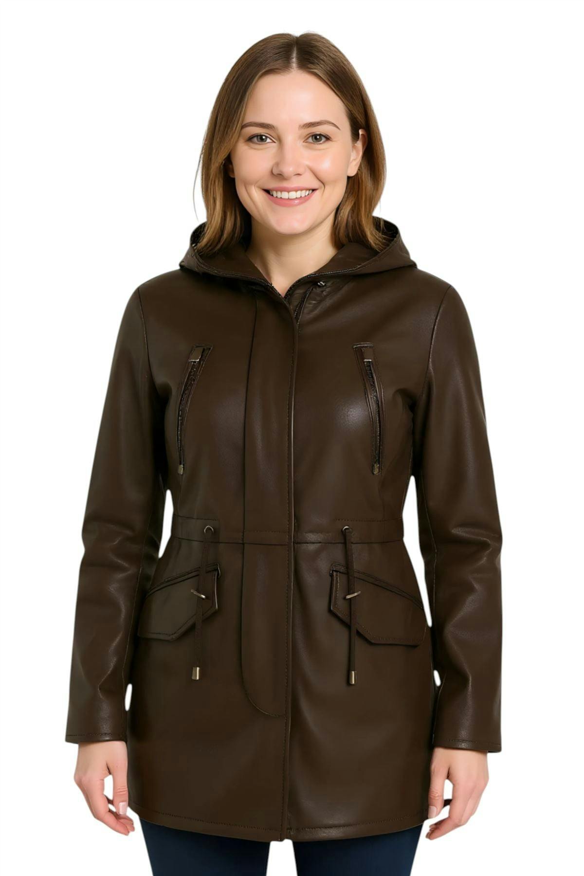 Infinity Leather Women's Brown Leather Hooded Parka Jacket-Bucharest - Uk 5XL/24 | Eu 50 | Us 20