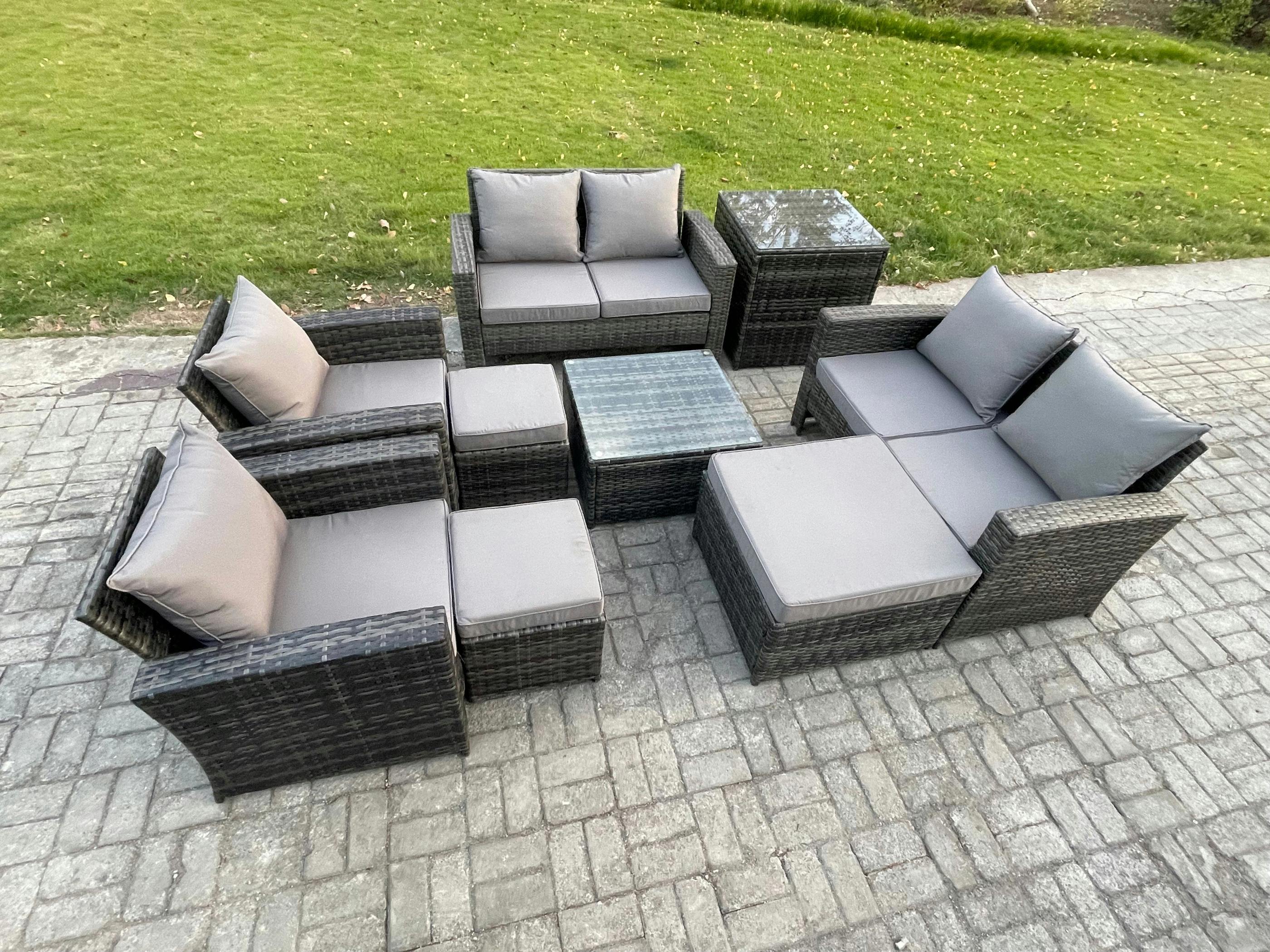 Rackhams Dark/Grey 9 Pieces Outdoor Garden Set, Wicker Rattan, Manual Patio Sofa Conversation, 3 Footstools And Side Table, Mixed