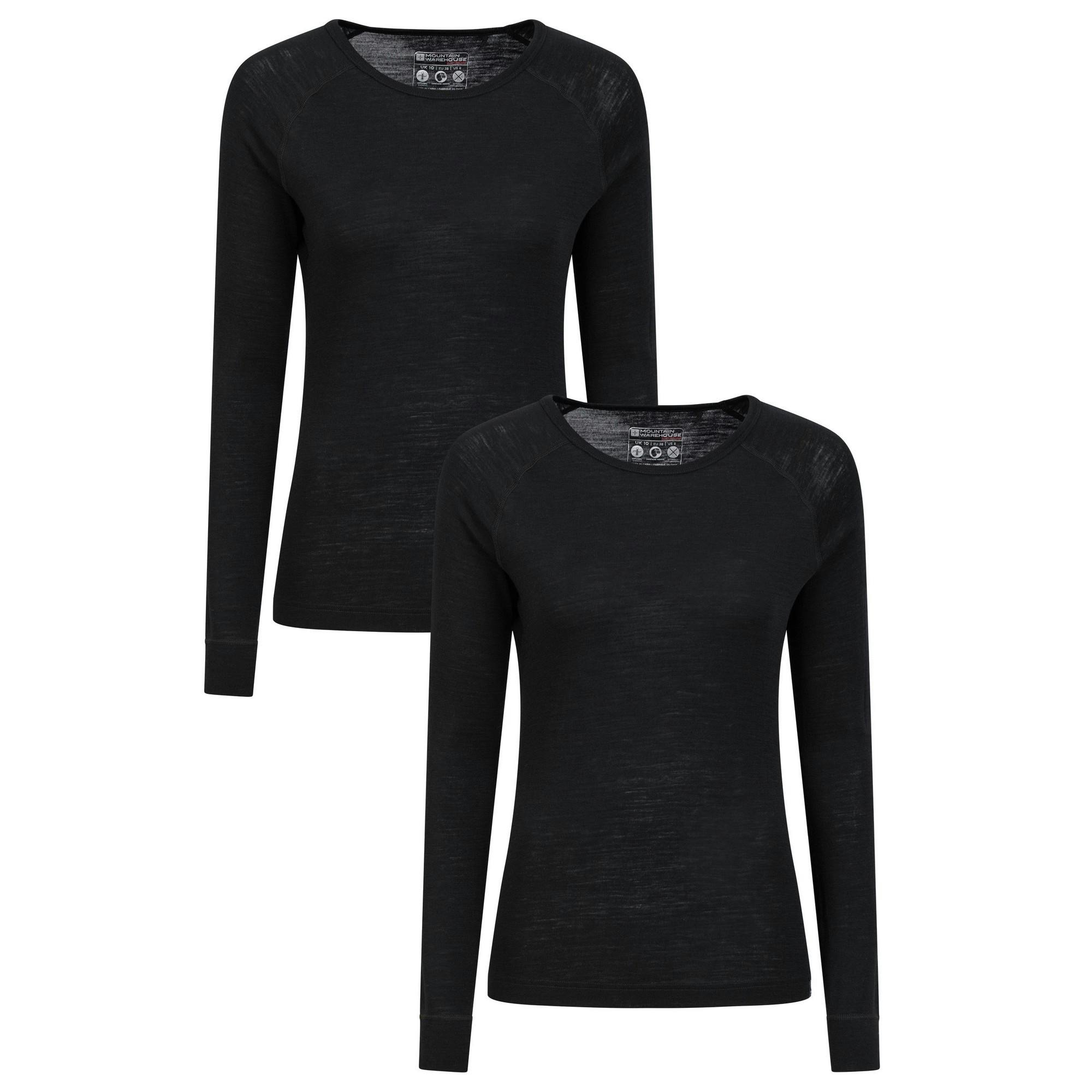 Mountain Warehouse Women's Black / Merino Wool Round Neck Base Layer Top (Pack Of 2) - 10 Uk - 80% Merino Wool/20% Polyester