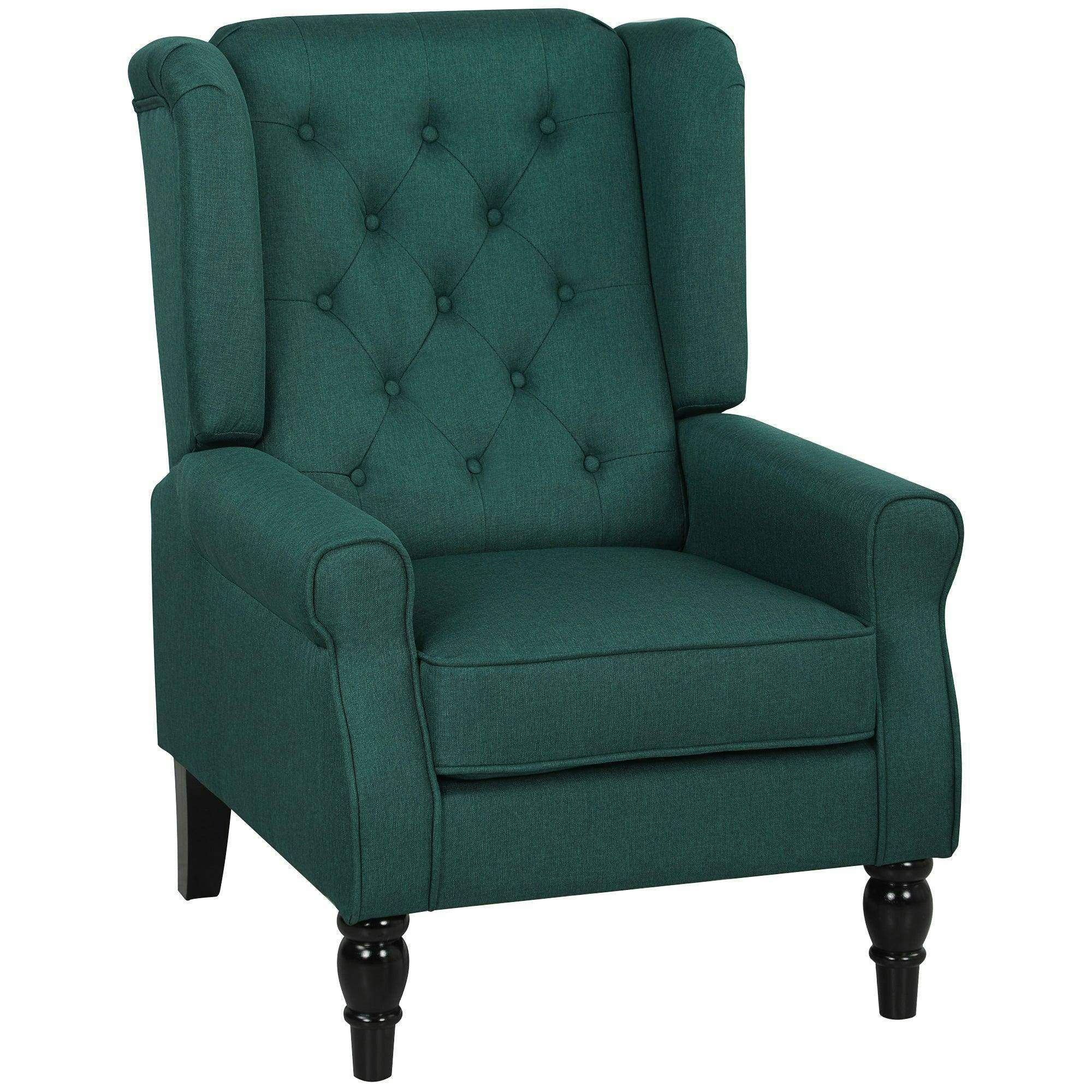 Homcom Unisex Dark Green Accent Chair Wingback Armchair Tufted Club Wood Fabric, Large - Image 6