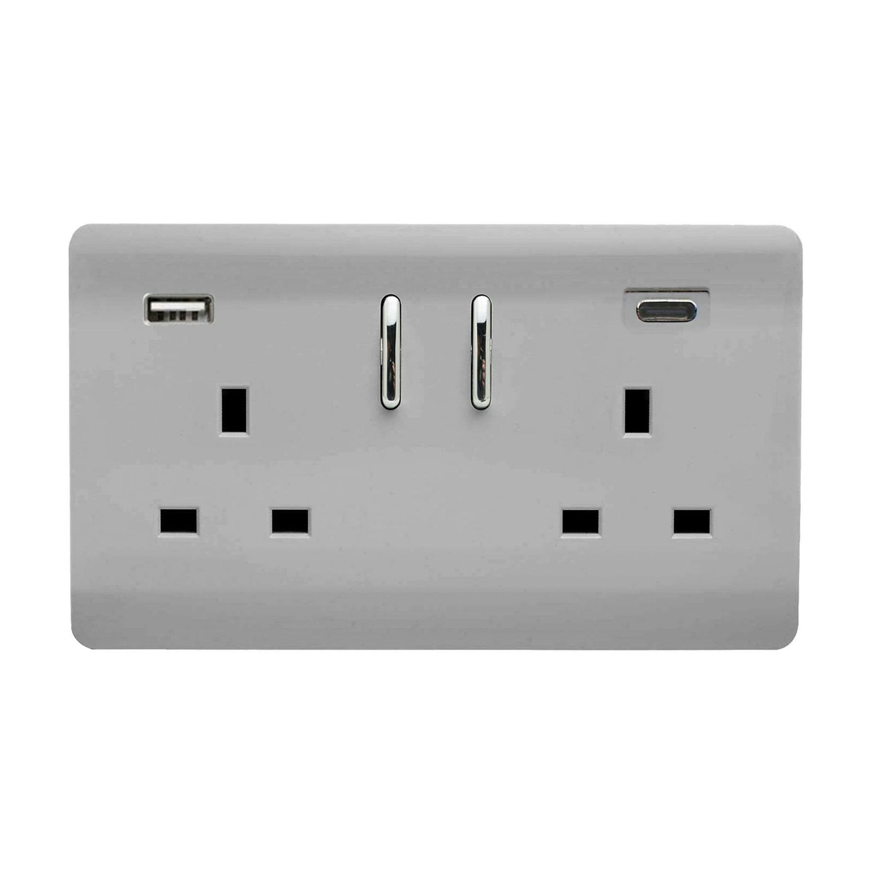 Trendi Switch 2 Gang Usb 3100Ma Type A & C Usb Plug Socket In Brushed Steel