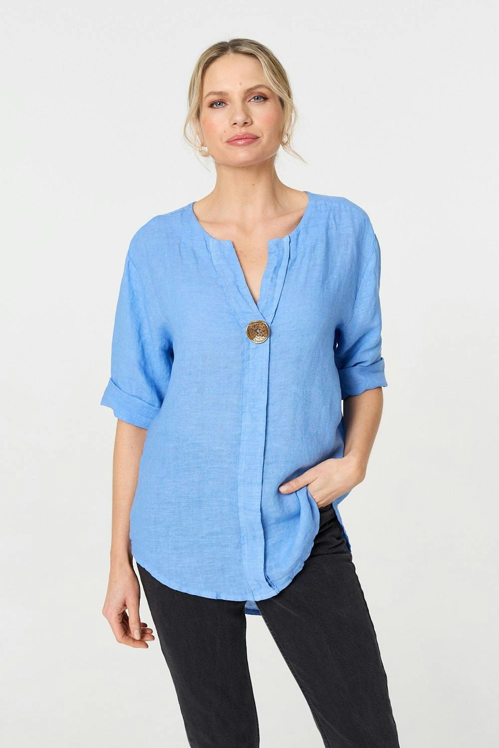 Izabel London Red Button Detail 1/2 Sleeve V-Neck Blouse - 14