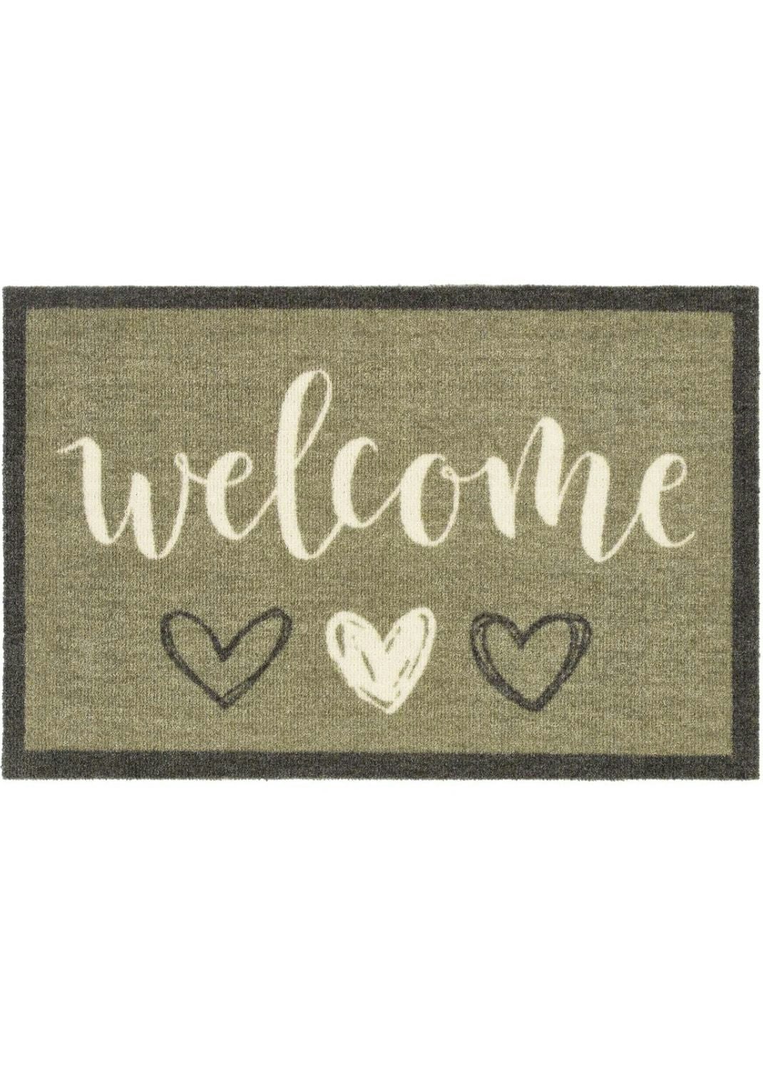 The Rugs Dark/Green/White Washable Sage Welcome Hearts Mat And Runner - 50X75 Cm