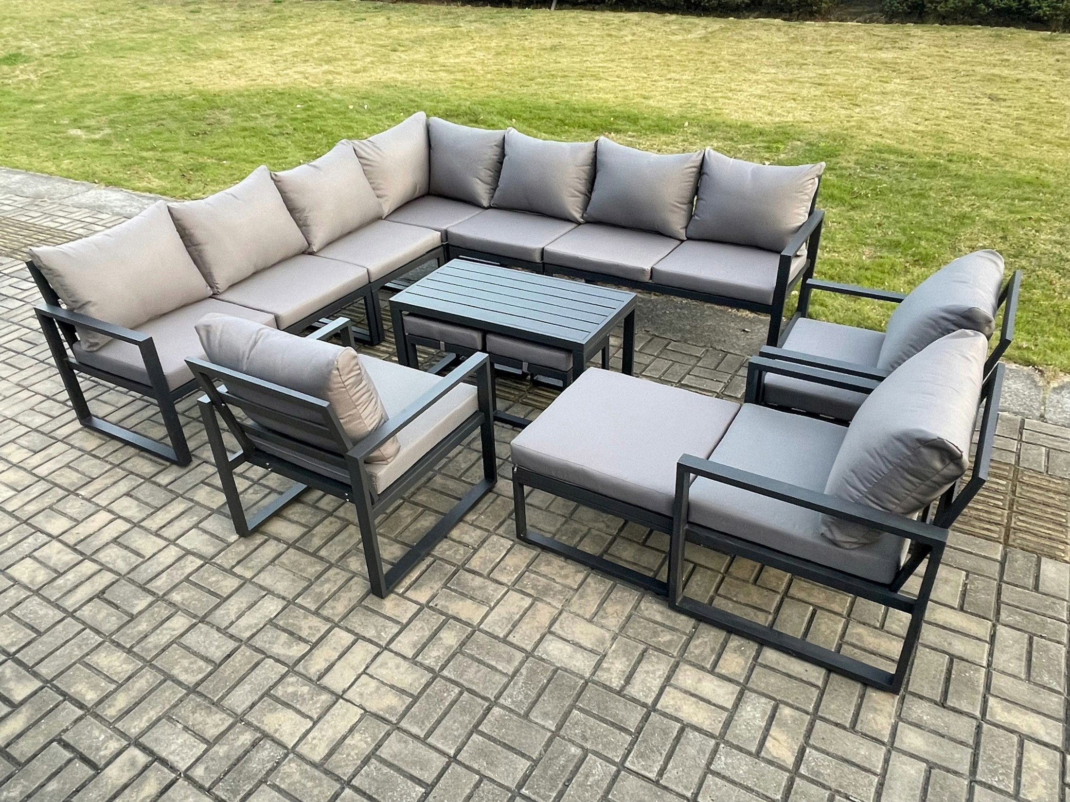 Fimous Dark/Grey Aluminium 13 Seater Outdoor Garden Furniture Set Lounge Corner Sofa Oblong Coffee Table 3 Pcs Chair Sets With 3 Footstools