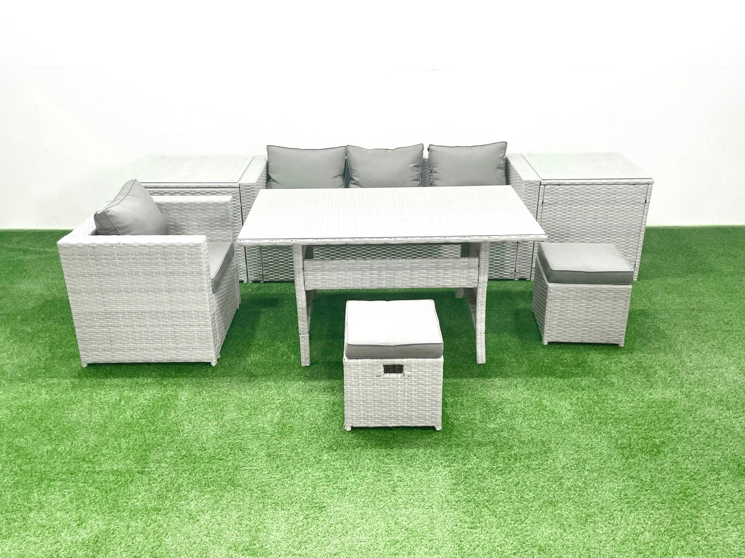 Fimous Light/Grey Rattan Garden Furniture Dining Set 6 Seater Lounge Sofa Chair Dining Table Set With 2 Small Footstools 2 Side Tables Mixed