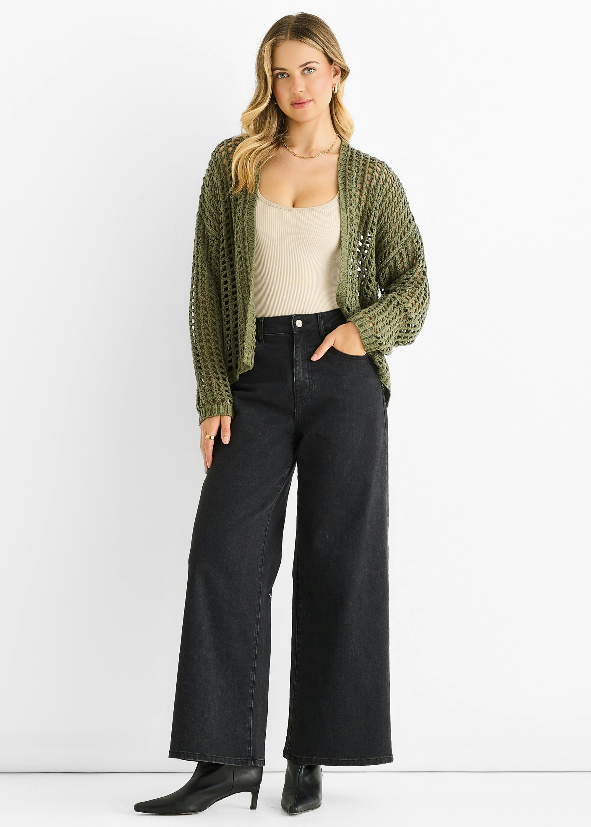 Gini London Khaki Open Knit Edge To Edge Cardigan - L-Xl (Uk 14-16/Us 10-12/Eu 42-44)
