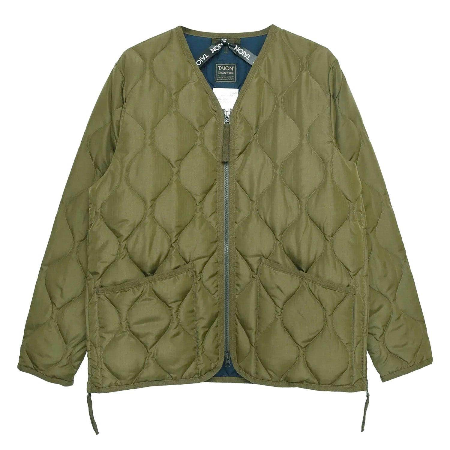 Taion Unisex Dark Military V Neck Ripstop Down Jacket - Olive - Large