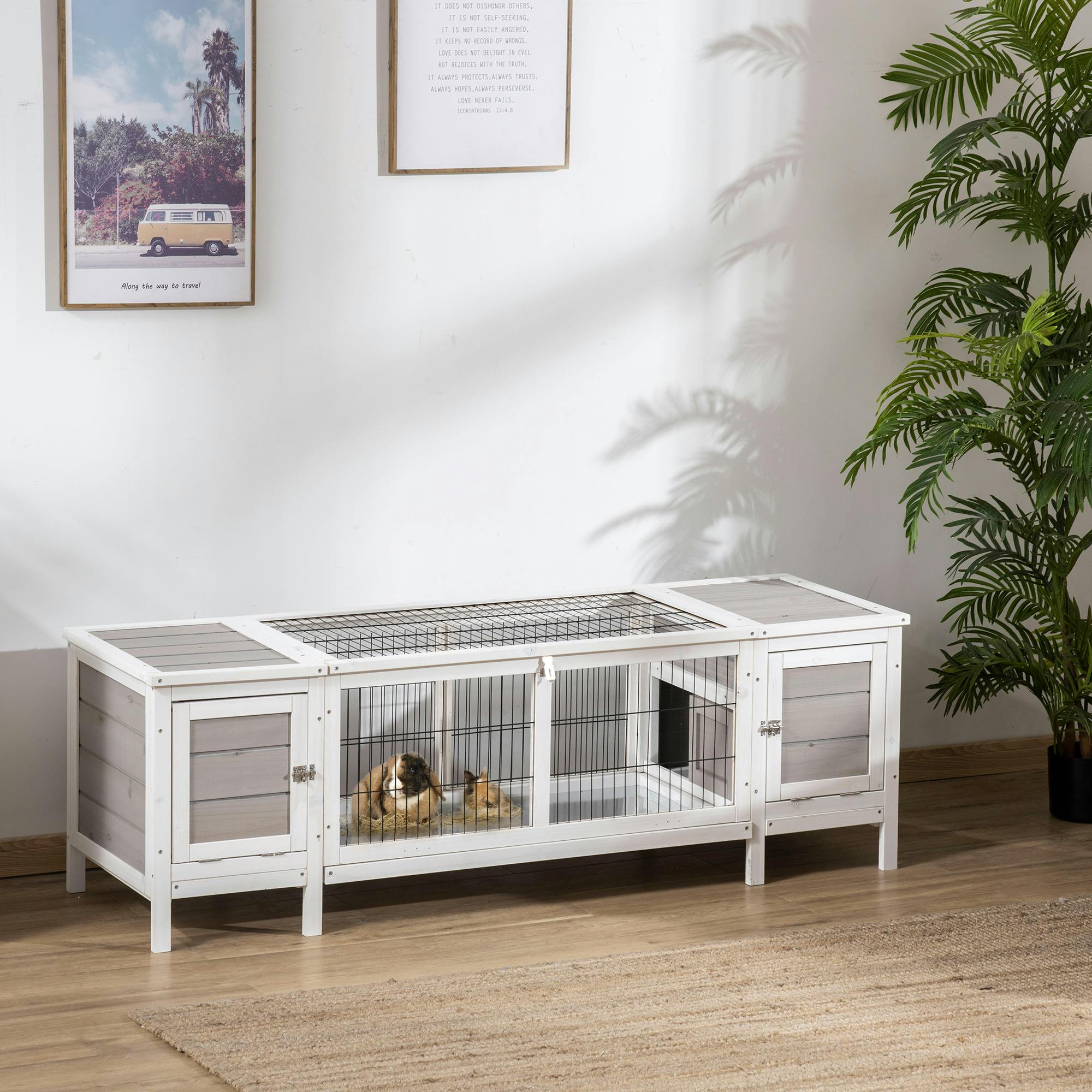 Pawhut Grey Rabbit Hutch Separable Guinea Pig Cage Bunny Run W/ Slide Out Tray