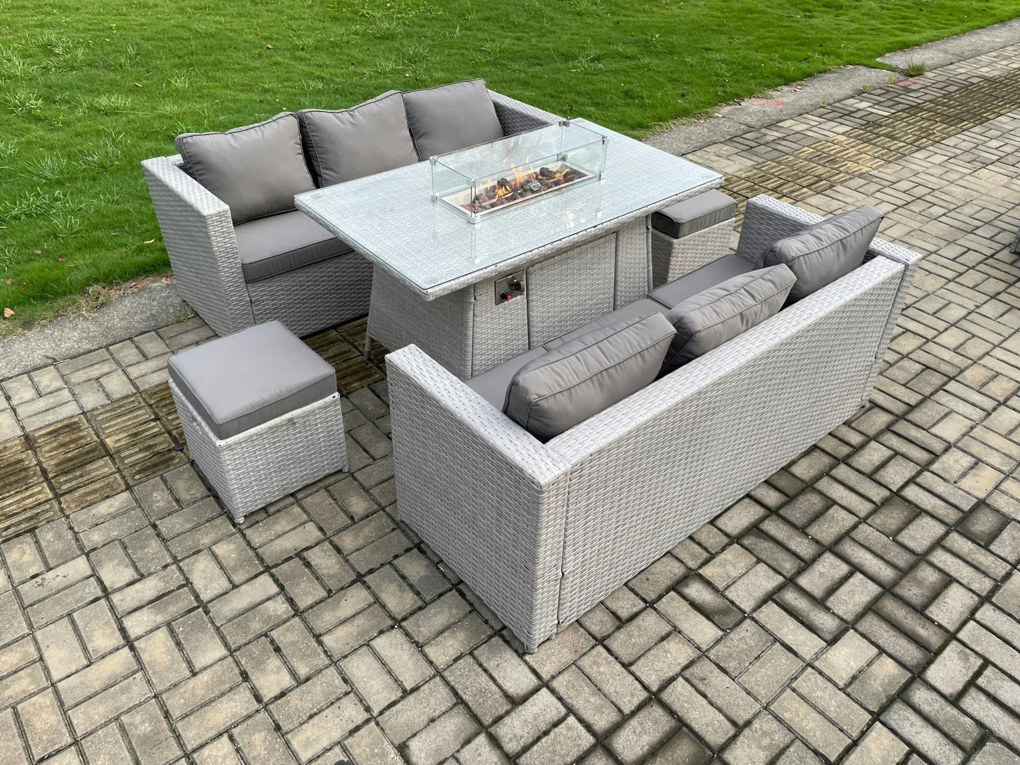Fimous Light/Grey Garden Dining Sets Outdoor Pe Rattan Furniture Gas Fire Pit Dining Table Gas Heater With 2 Small Footstool