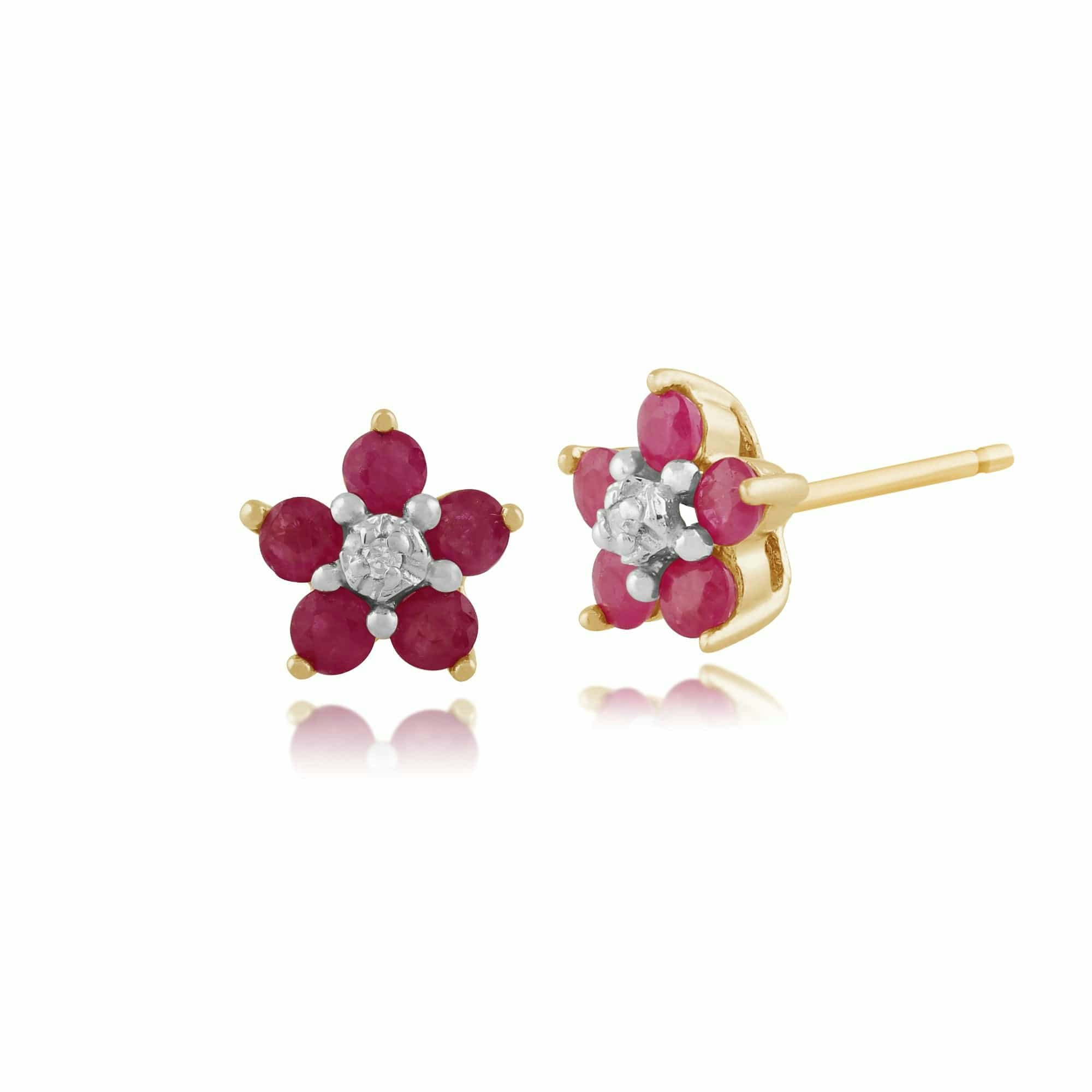 Gemondo Yellow/Gold Floral Five Round Ruby & Diamond Cluster Stud Earrings In 9Ct
