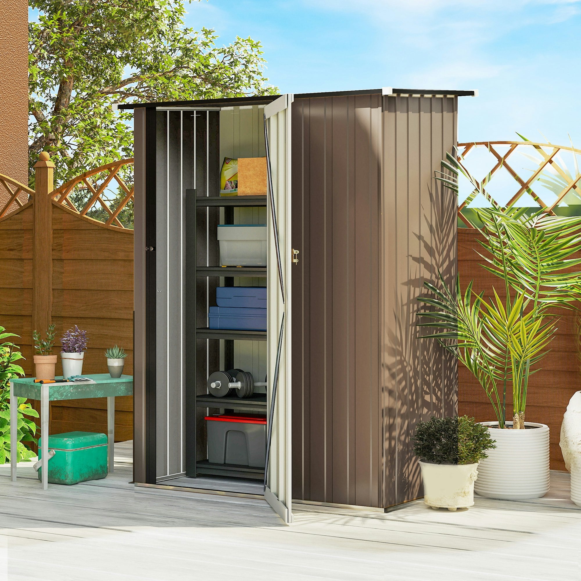 Rackhams Brown Outdoor Storage Shed Steel Garden Shed W/ Lockable Door