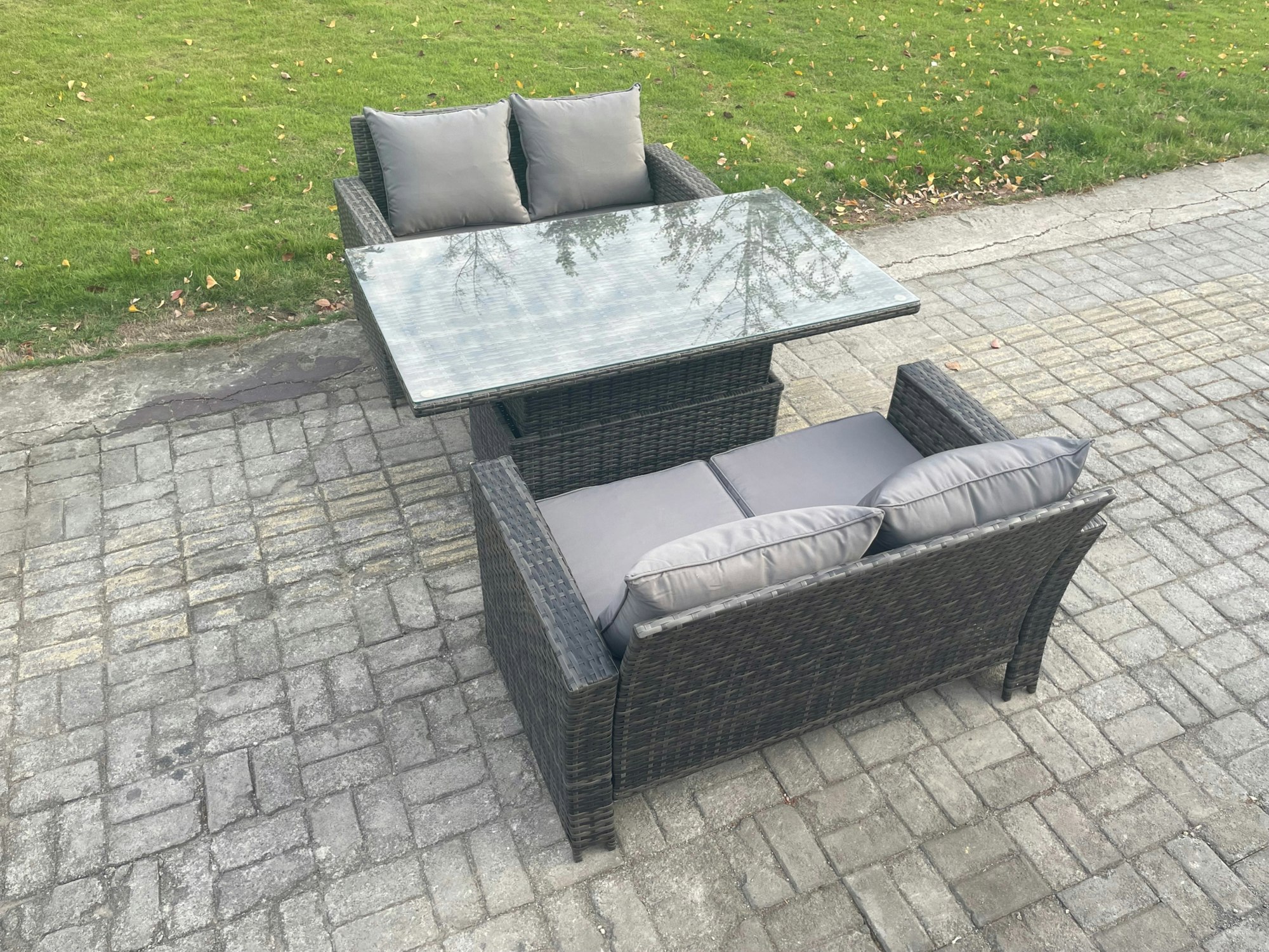 Rackhams Dark/Grey 3-Piece Poly Rattan Garden Furniture Set - Mixed Outdoor Patio Rising Lifting Table Sofa Dining Set