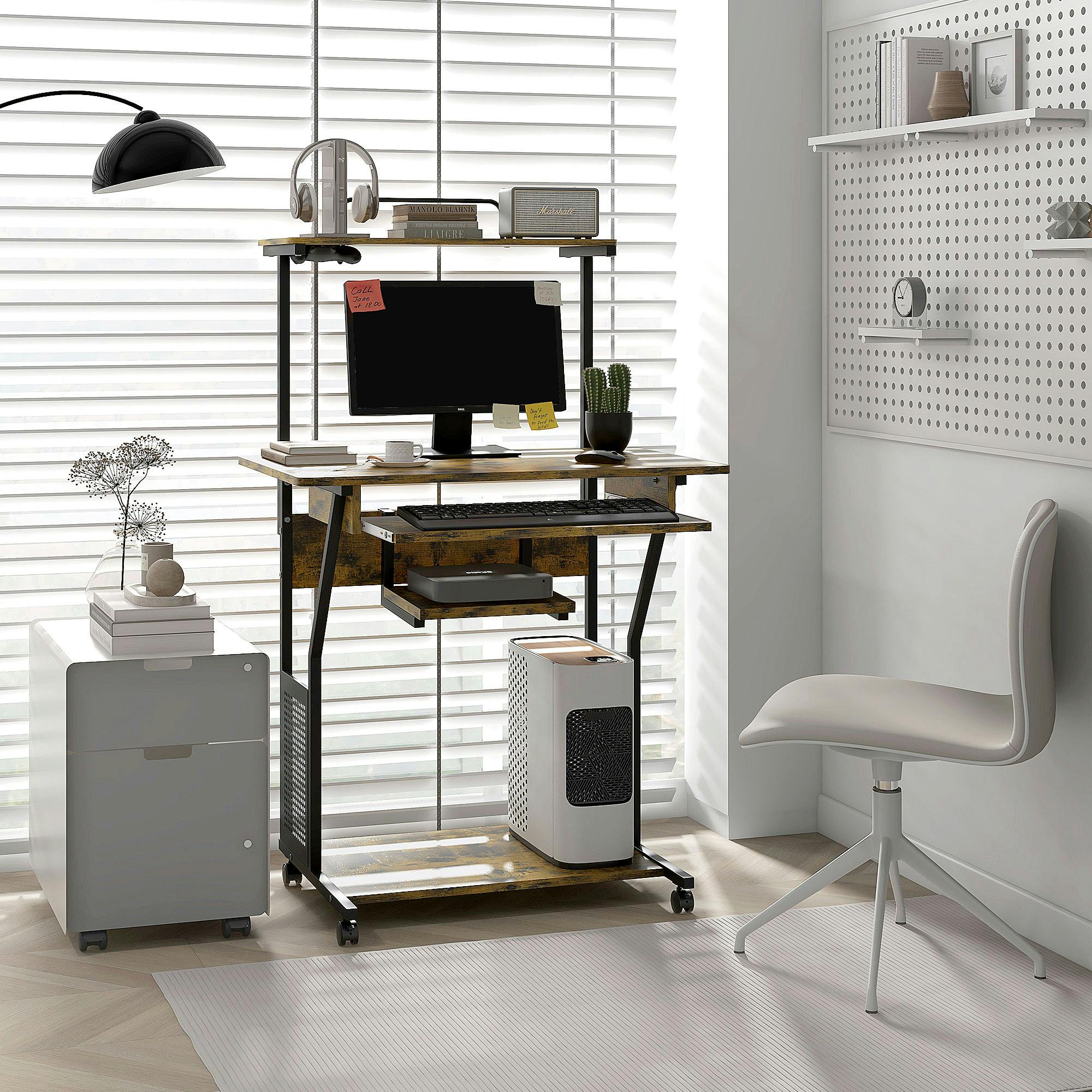 Rackhams Brown Rolling Computer Desk With Keyboard Tray Rustic