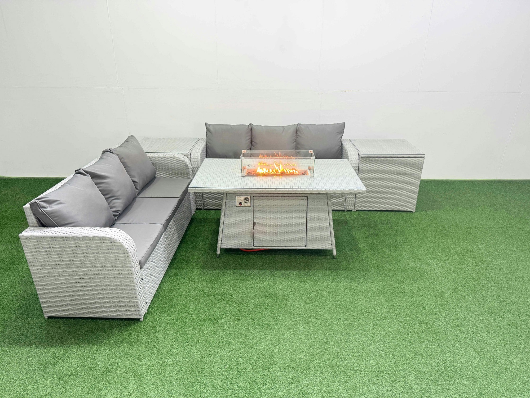 Fimous Light/Grey Outdoor Garden Furniture Set 6 Seater Rattan Furniture With Fire Pit Dining Table High Back Lounge Sofa 2 Side Table