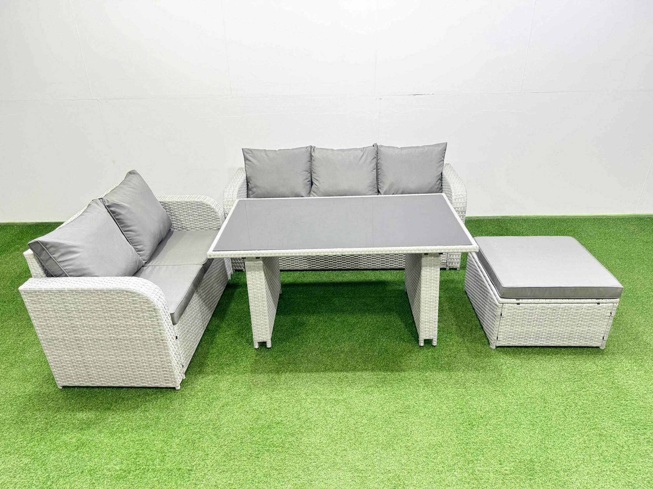 Fimous Light/Grey Garden Furniture Set Pe Ratten Garden Sofa Set With Rectangular Dining Table Big Stool