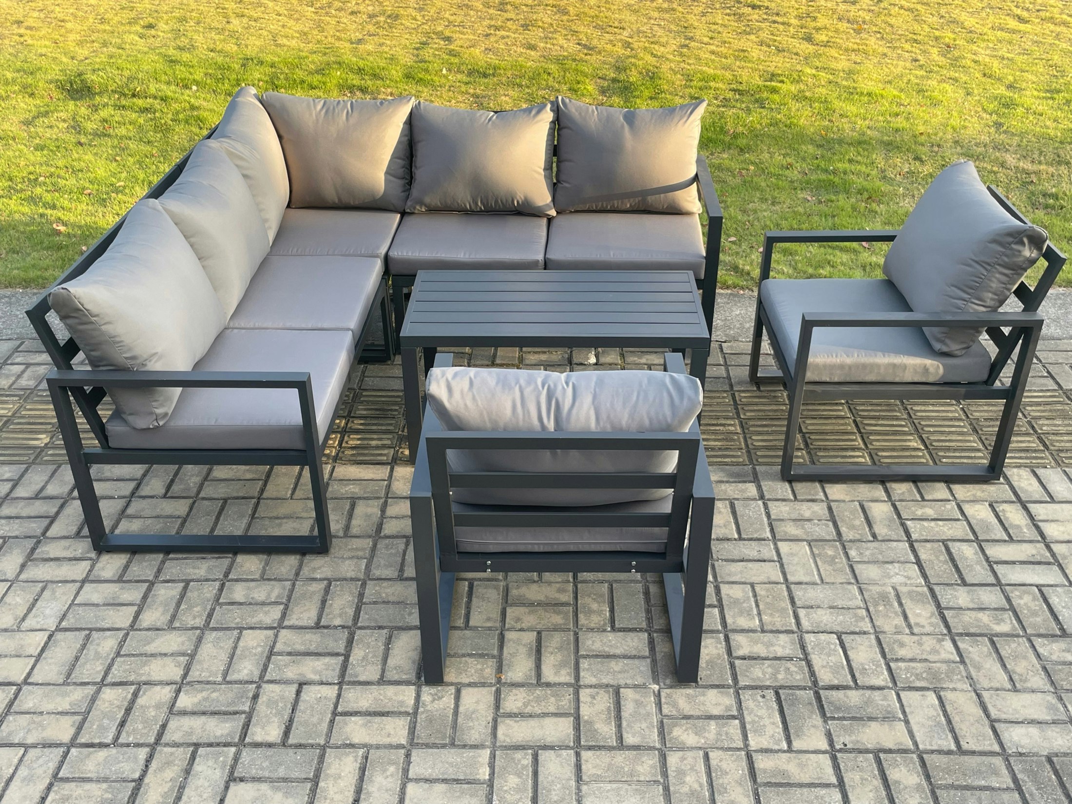 Fimous Dark/Grey Aluminium Outdoor Garden Furniture Set Lounge Sofa Oblong Coffee Table Sets With 2 Pcs Chair Indoor Conservatory Set