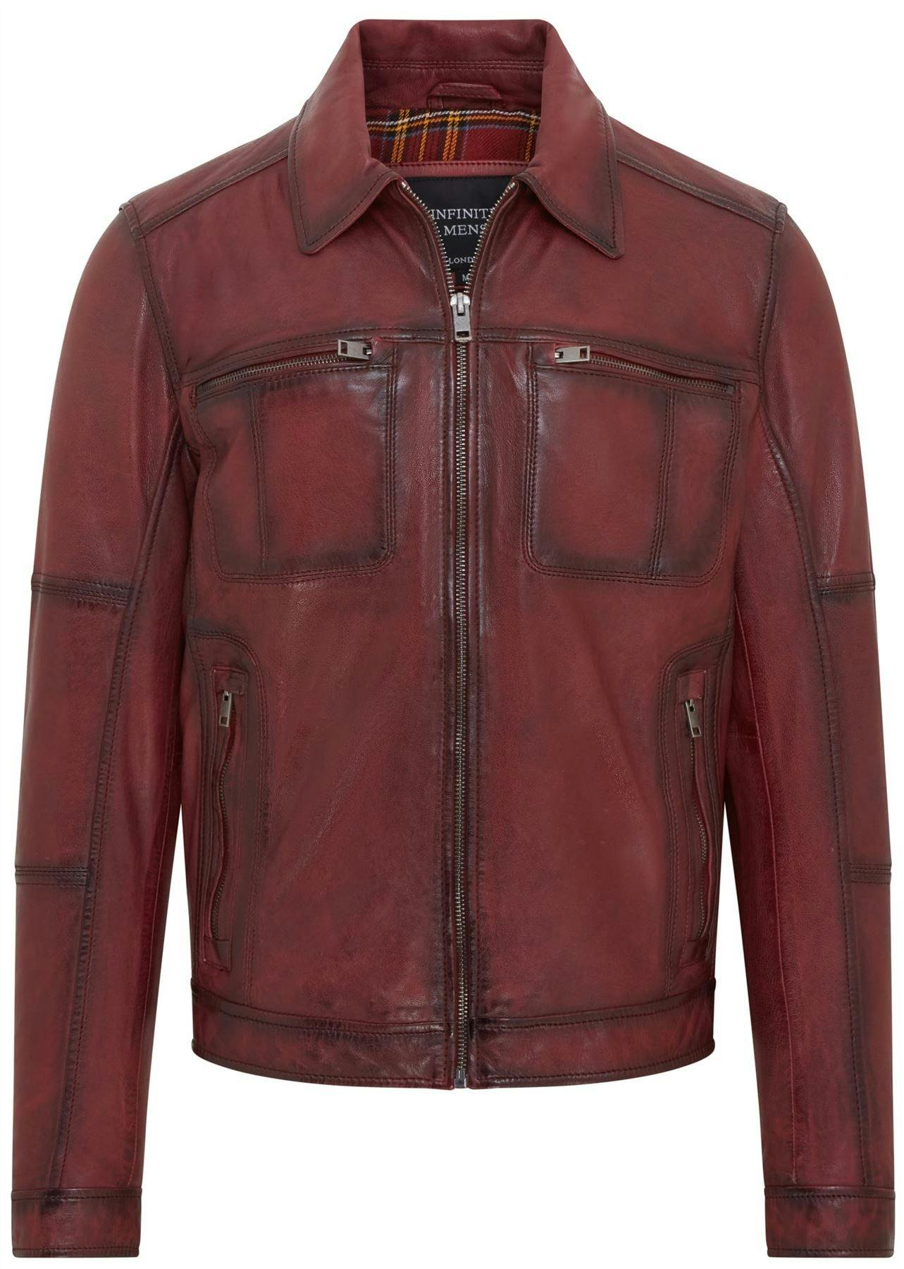 Infinity Leather Men's Red Classic Leather Biker Jacket - Bettles - Ox - Uk Xl | Eu 52 | Us 42