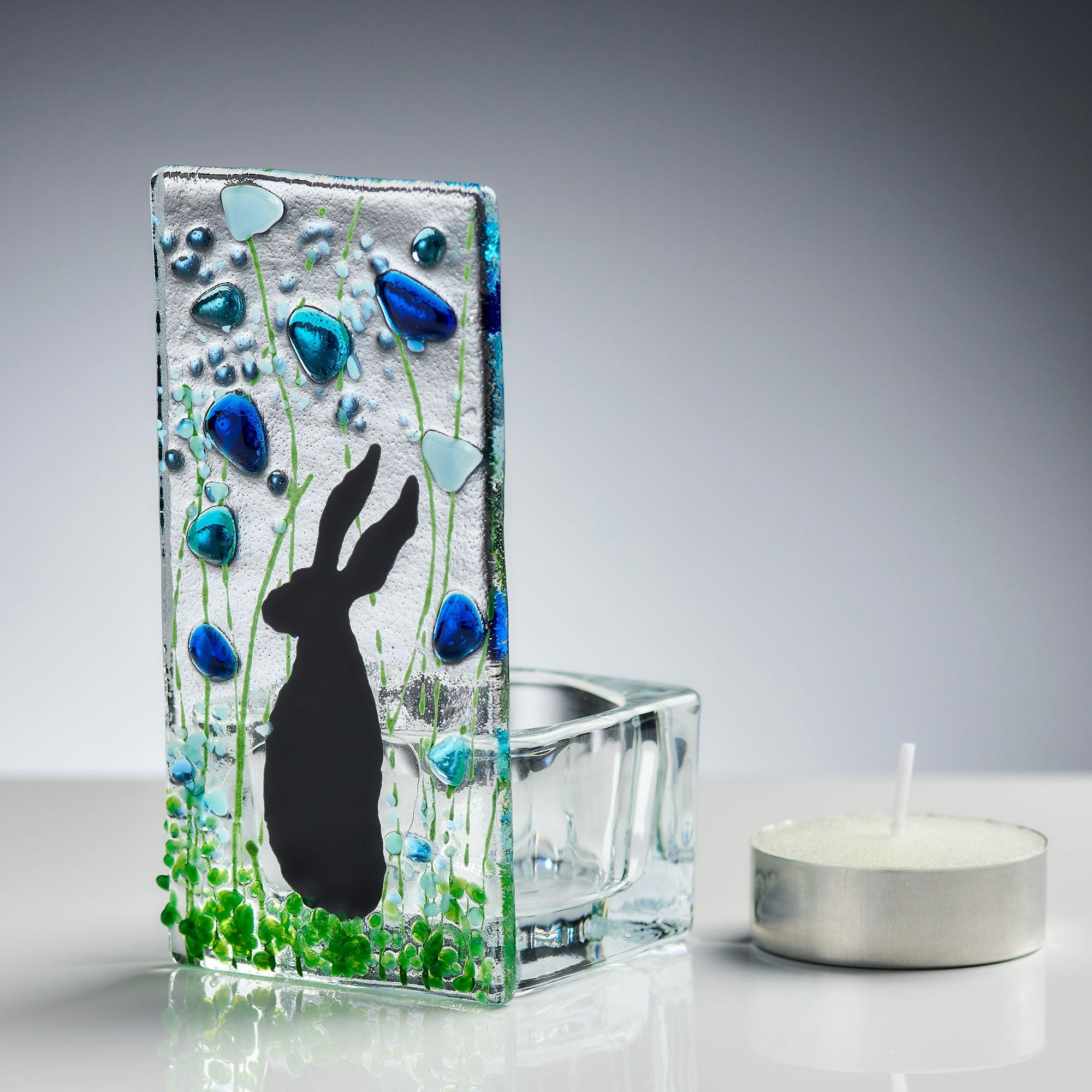 Rackhams Light Fused Glass Tea Holder – Hare & Forget Me Not Design (Handmade)