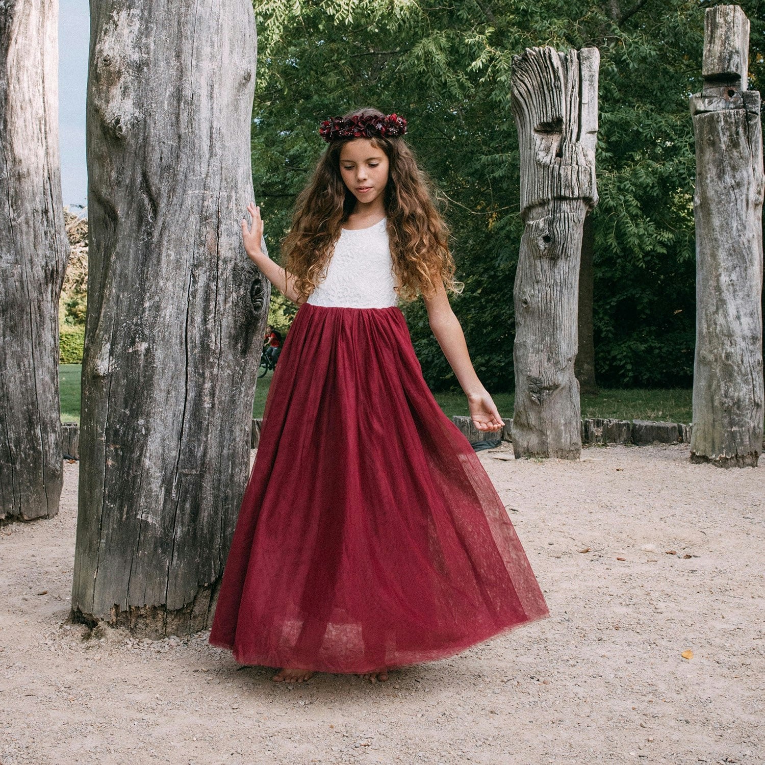Uk Flower Girl Boutique Girls White/Red Uk Flower Boutique Bohemian Classic Dress - Wine - 2/3 Years