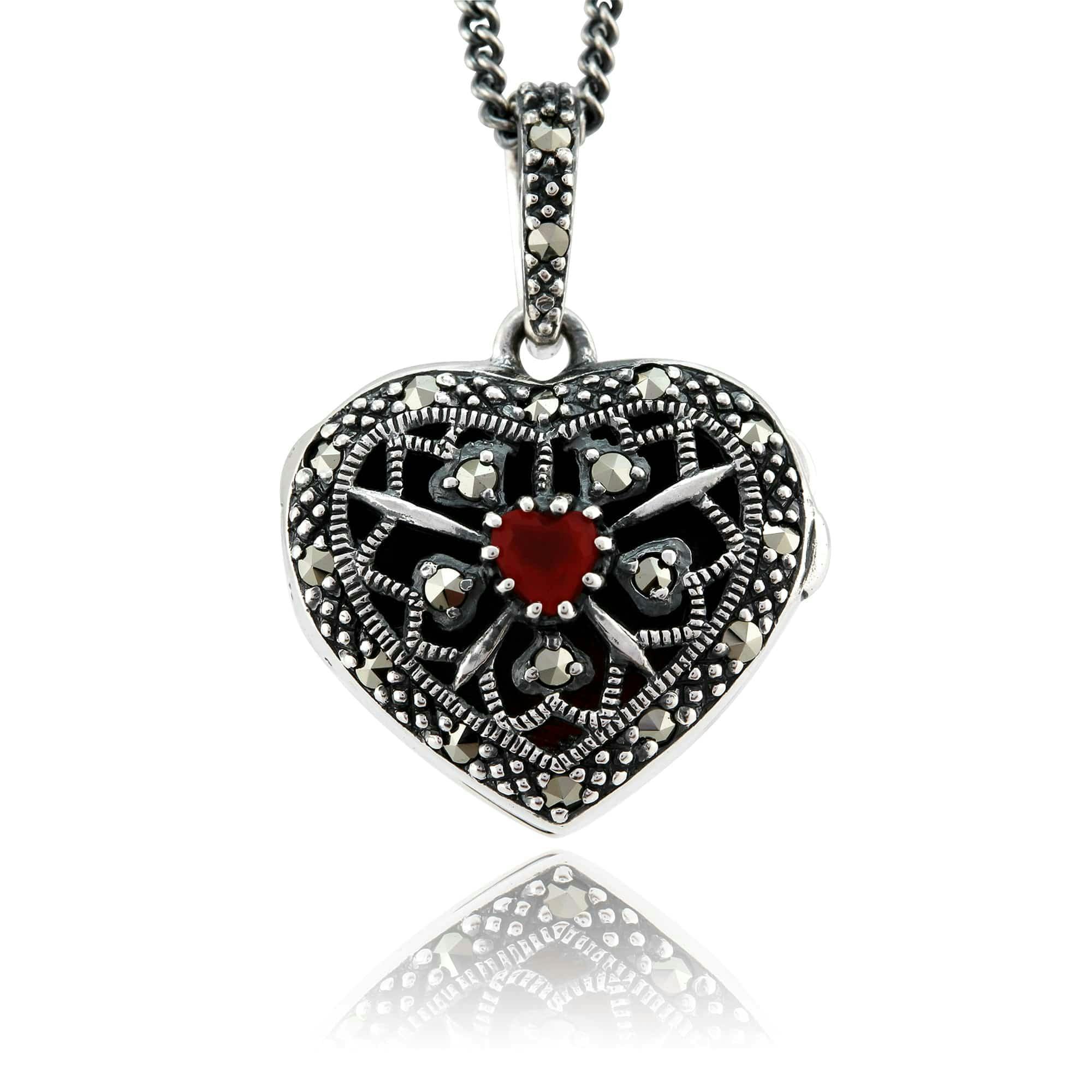 Gemondo Silver Art Nouveau Style Heart Carnelian & Marcasite Locket On Chain In 925 Sterling