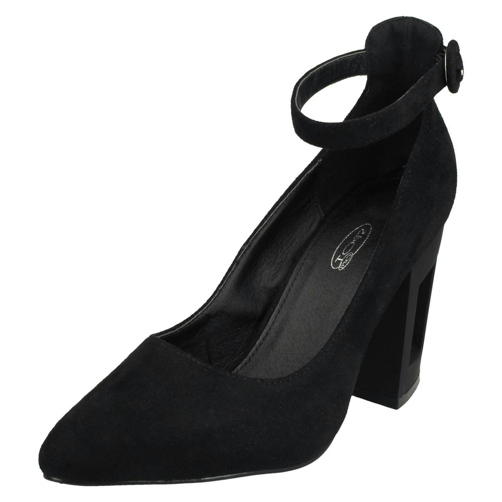 Spot On Women's Black Court Shoes With Ankle Strap - Microfibre - Uk 7