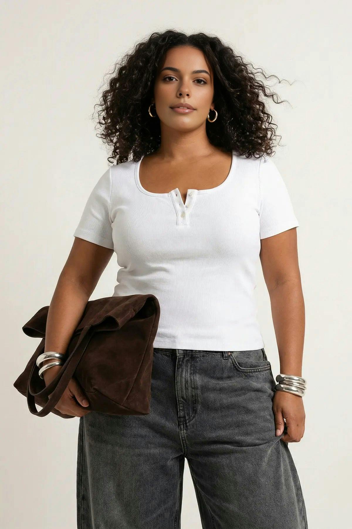 Wovcor White Pool Neck Fitted Knitted Plus Size Blouse - 6XL