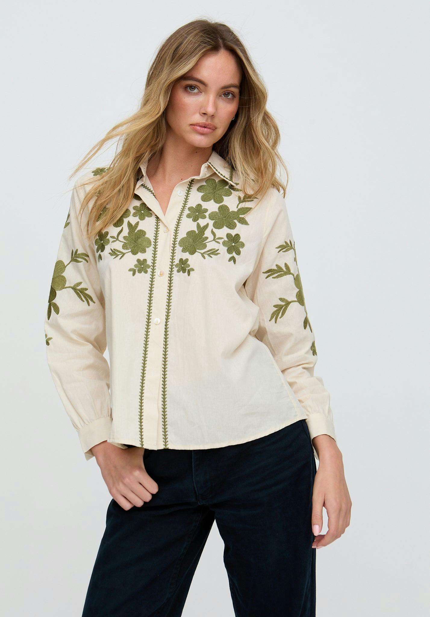 Raffya Cream Lila Embroidered Shirt In - S