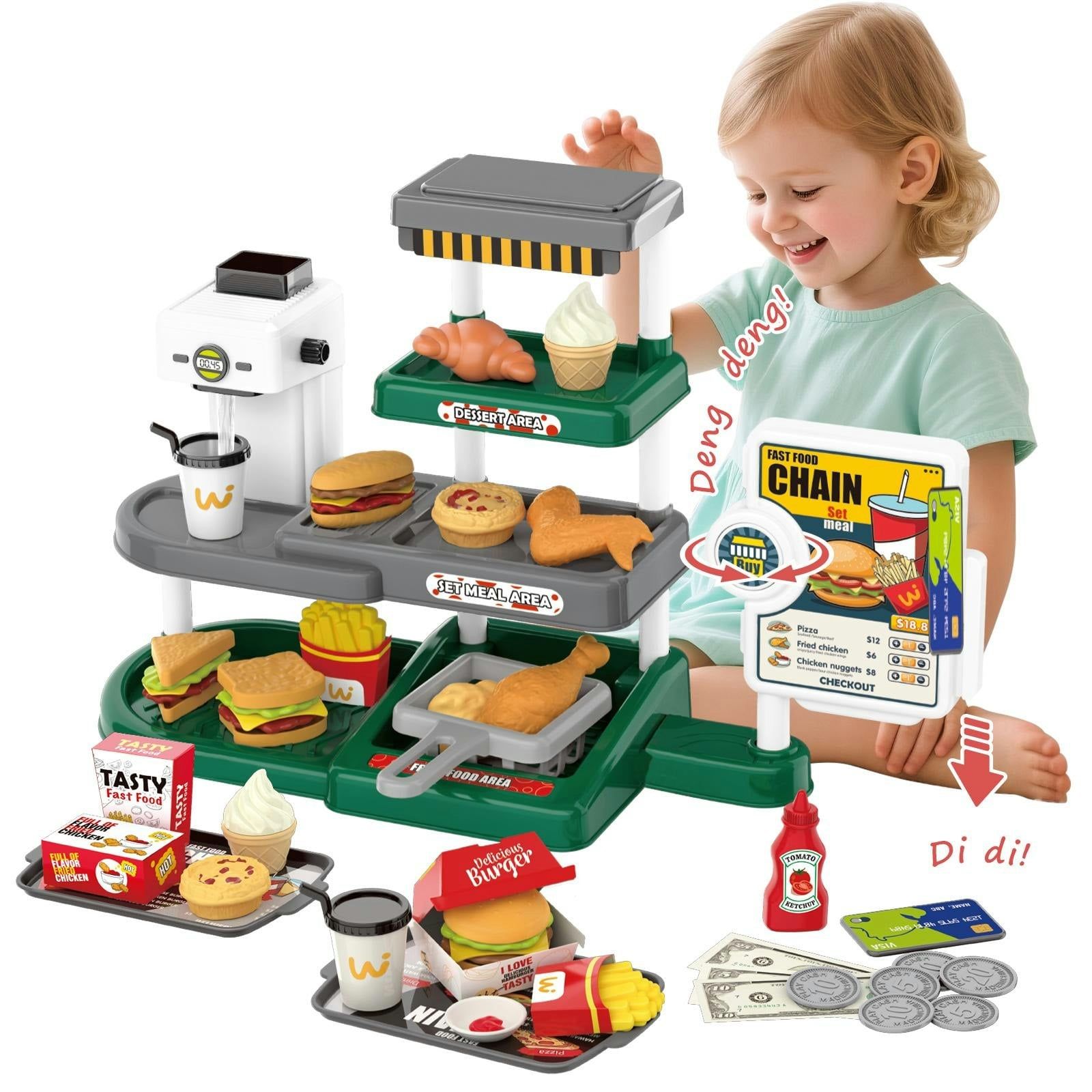 Deao Toys Boys Fast Food Toy Playset For Kids – Interactive Pretend Play Shopping Set With Accessories