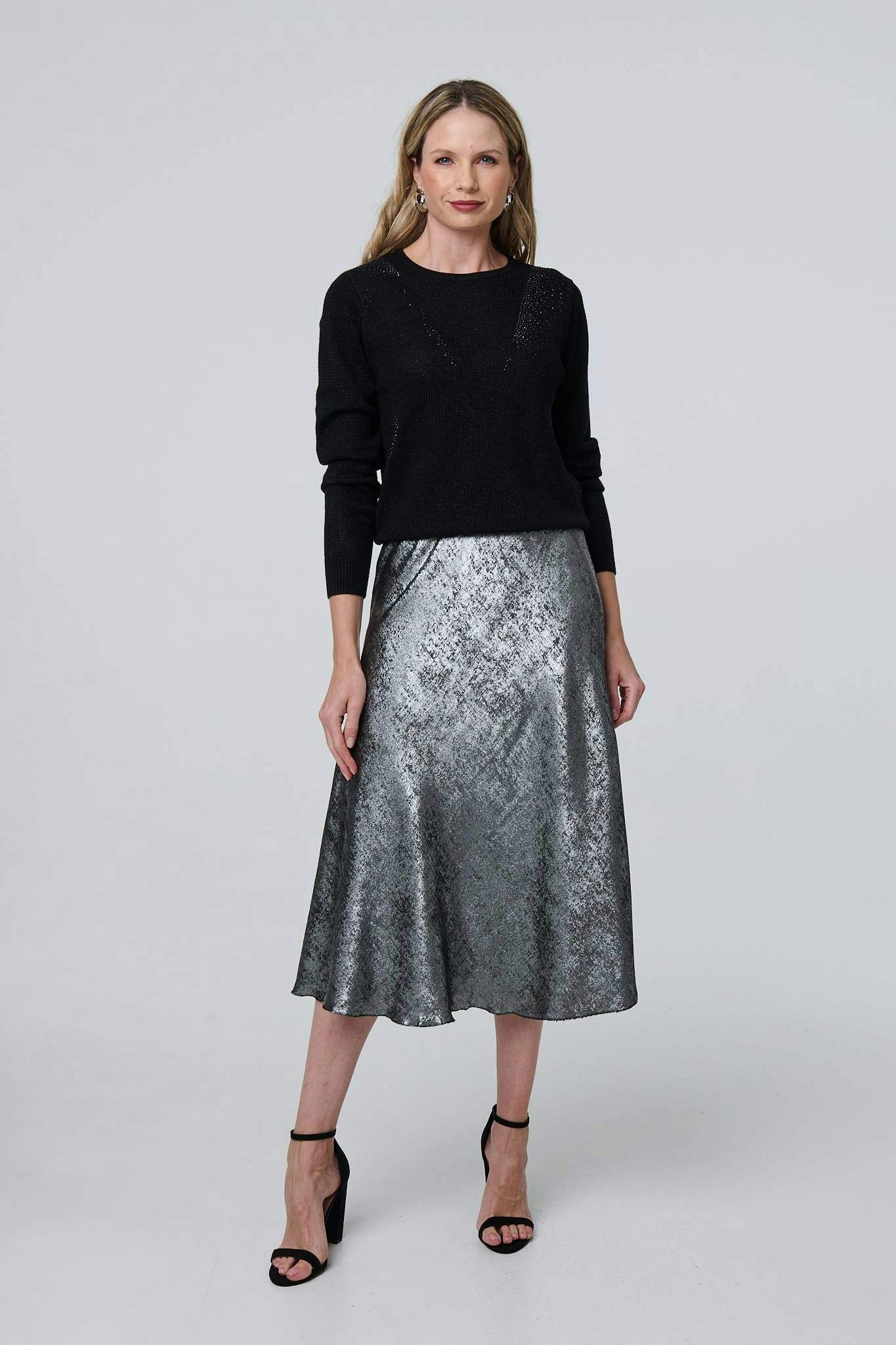 Izabel London Women's Silver Metallic A-Line Midi Slip Skirt - S