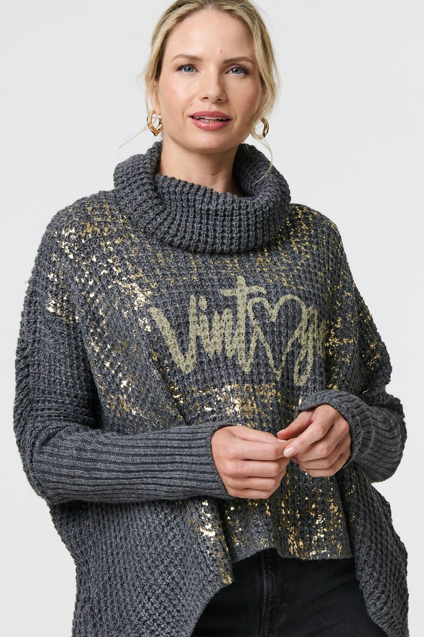 Izabel London Grey Graphic Print Metallic Roll Neck Jumper - M/L