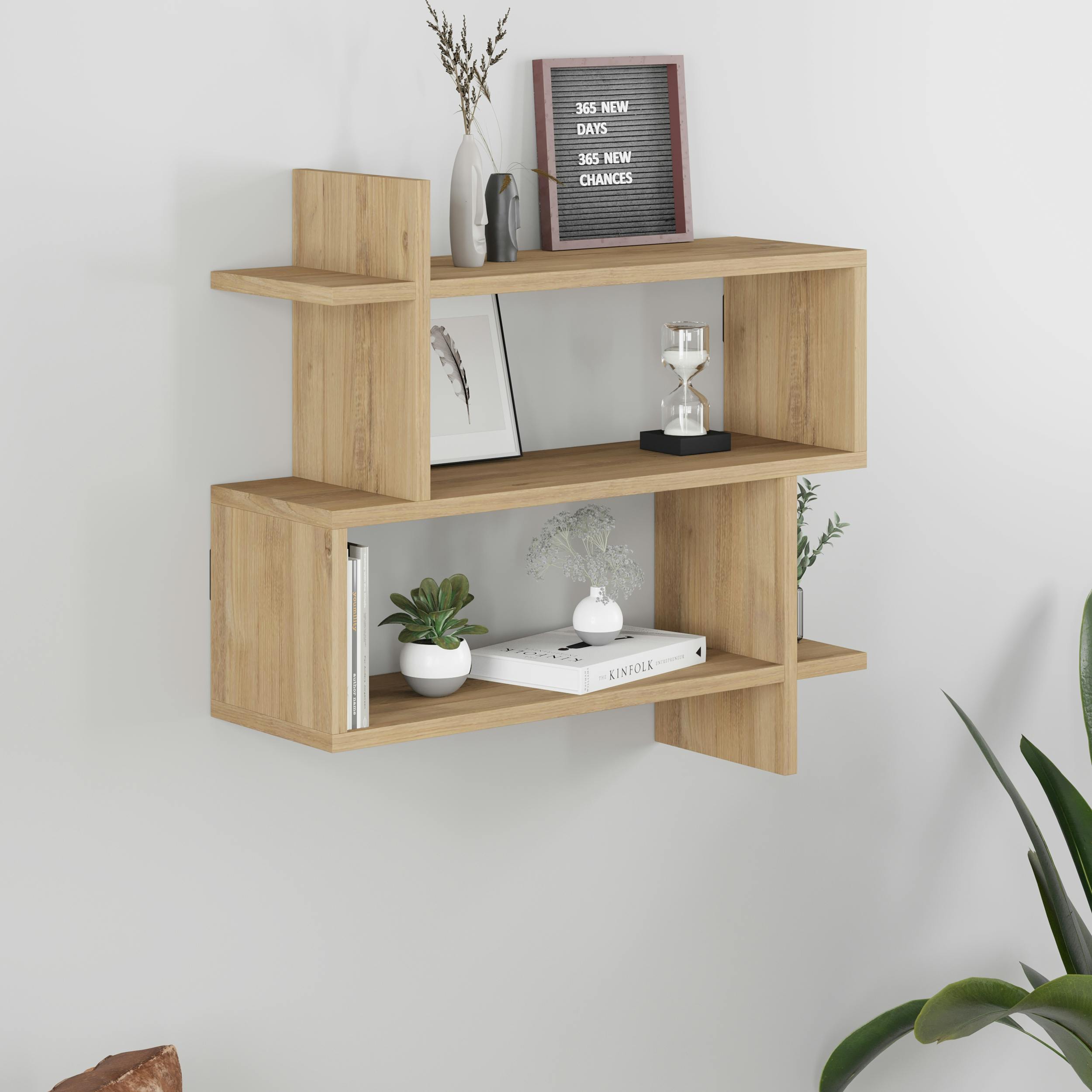 Decortie Paralel Wall Mounted Modern Bookcase Display Unit 2-Tier Sleek Design 70X22x66 Cm - Oak